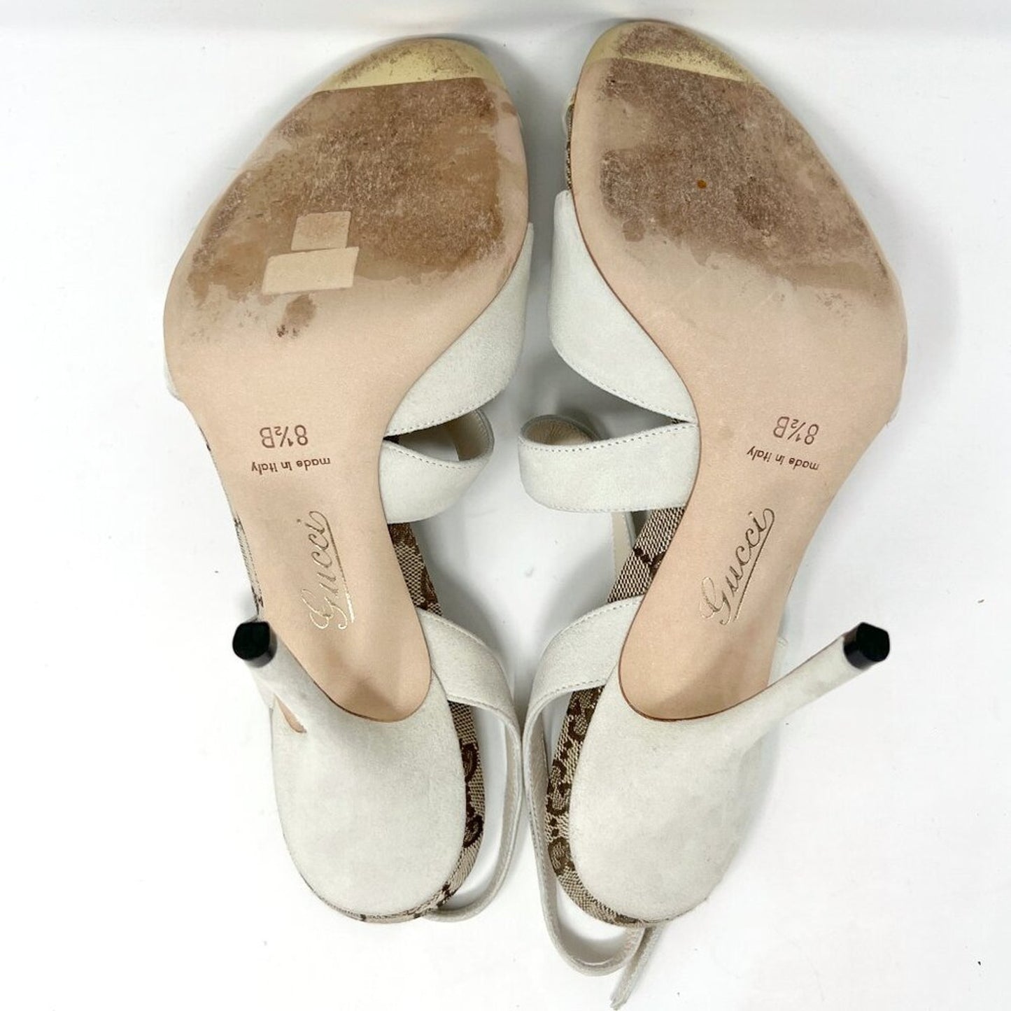 Gucci Mystic White Suede GG Monogram Strappy Stiletto Sandals 8.5B