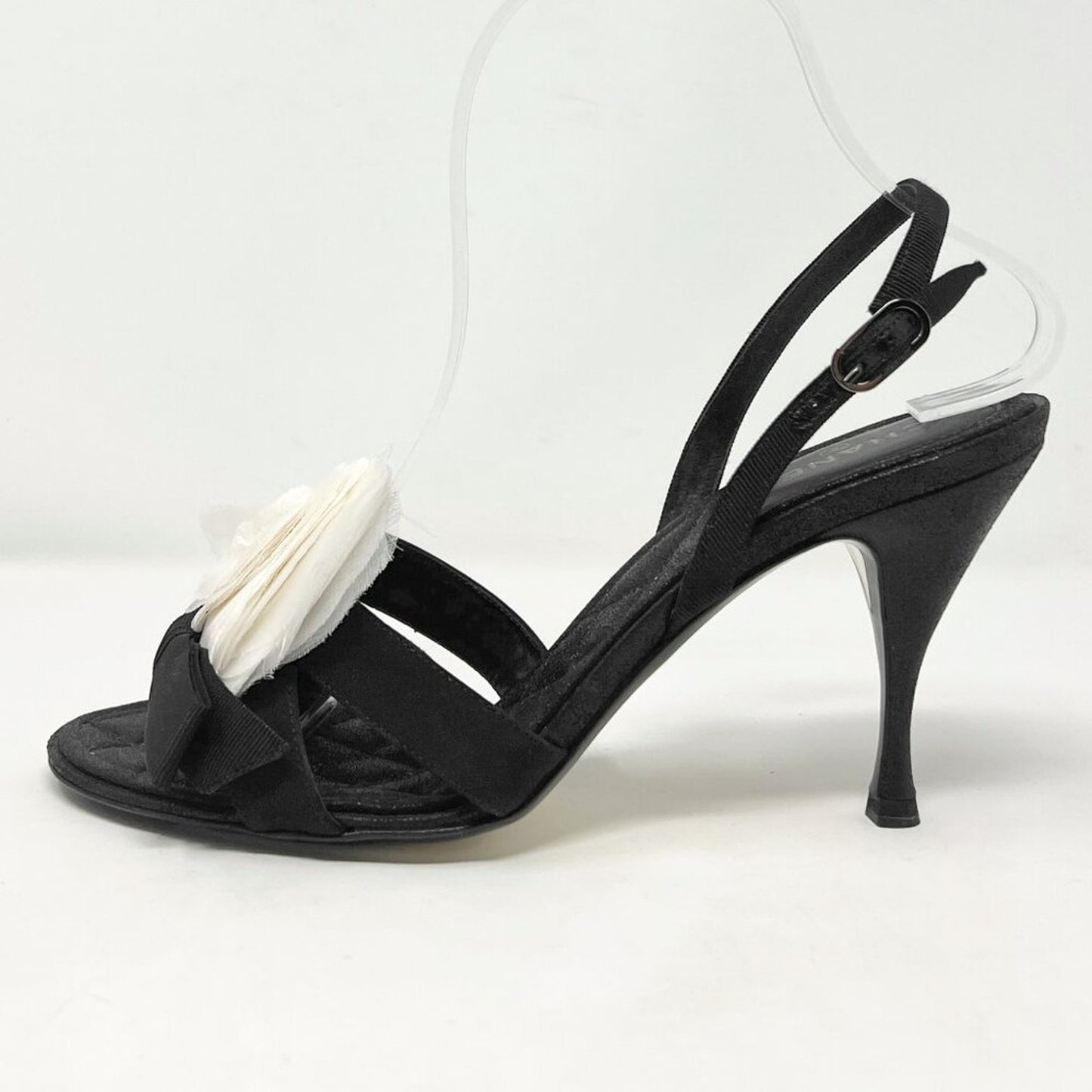 Chanel Camellia Bow Grosgrain Slingback Heels Black/White EU 38 85mm