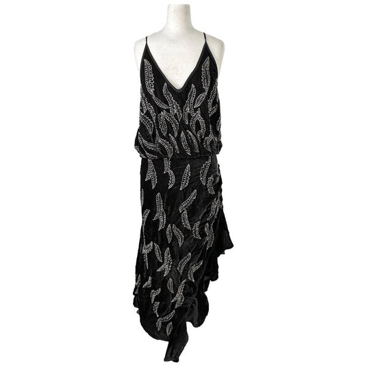 Dodo Bar Or Agnes Black Velvet Beaded Dress - Asymmetrical Ruffled Hem