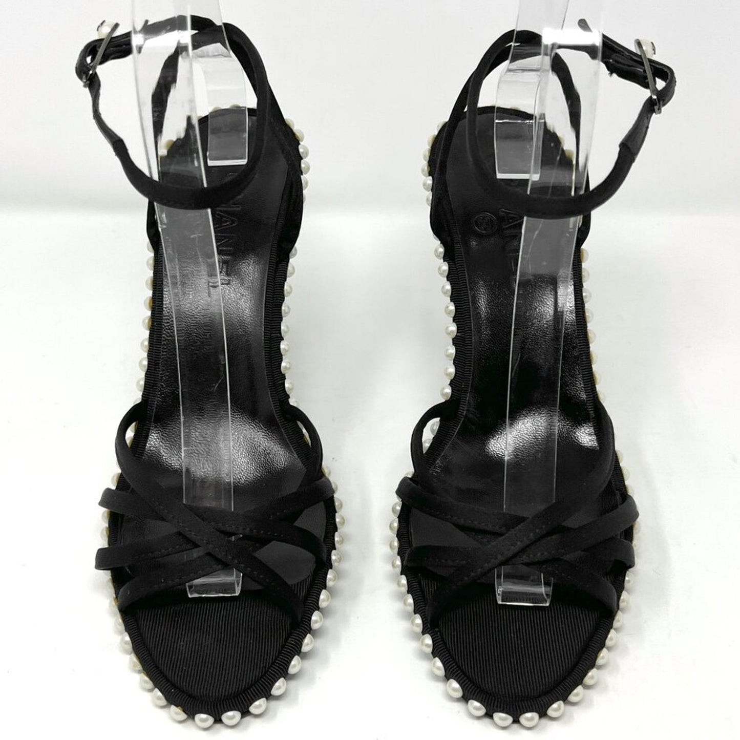 Chanel Vintage Black Satin Pearl-Lined Strappy Sandals – Size 38.5