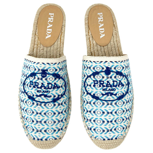 Prada Nastro Jacquard Blue White Embroidered Logo Espadrilles Flats Slippers