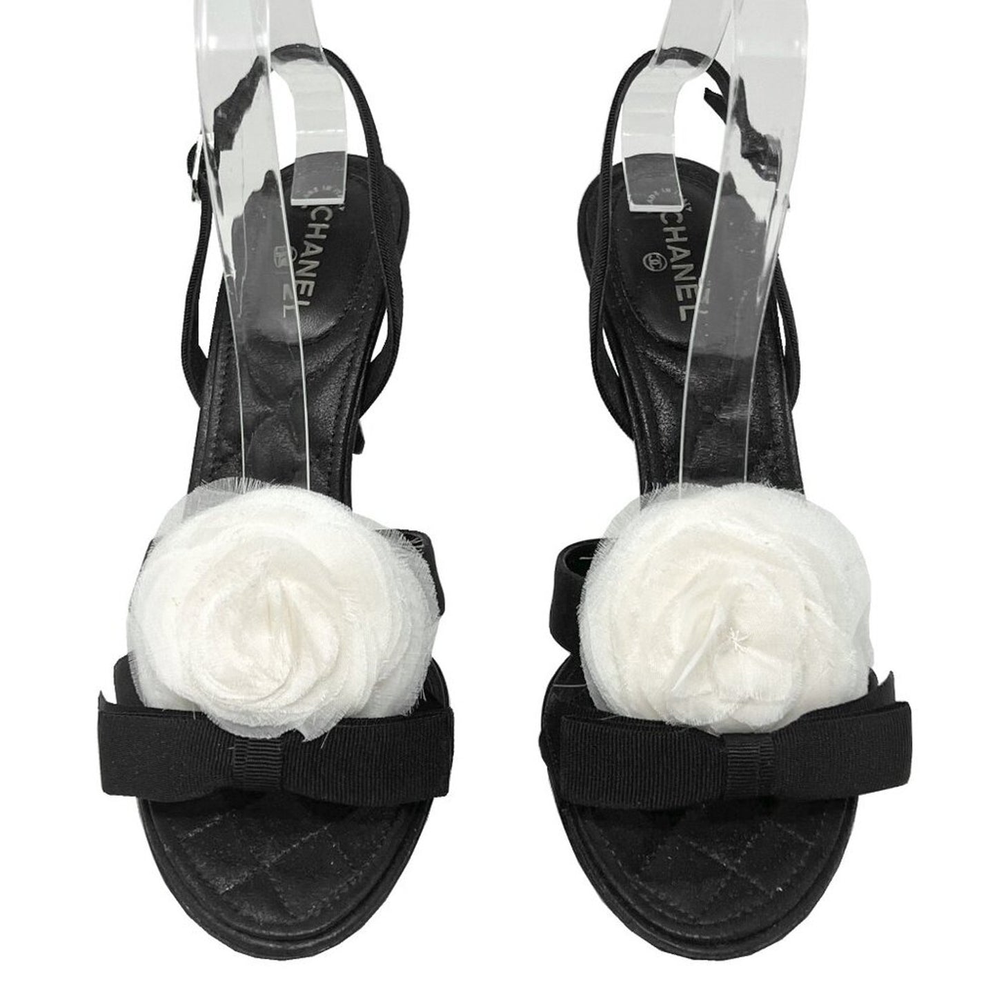 Chanel Camellia Bow Grosgrain Slingback Heels Black/White EU 38 85mm