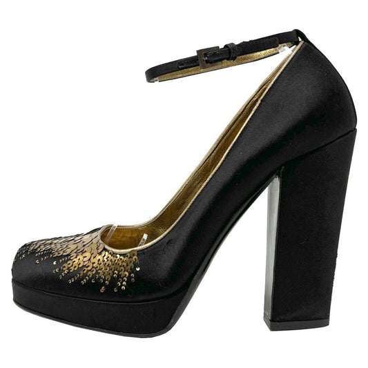 Prada Black Satin Gold Sequins Embellished Mary Jane Platform Pumps