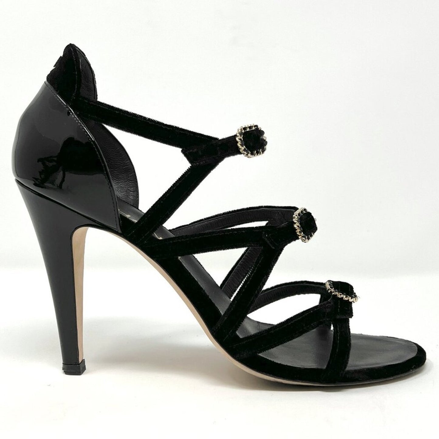 Chanel Black Velvet & Patent Leather Buckle Strappy Sandals – Size 37