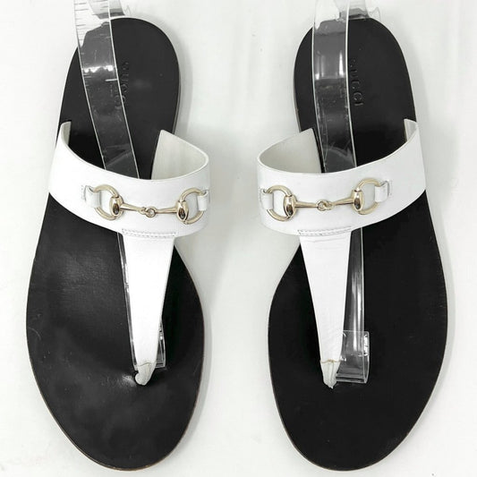 Gucci White Leather Horsebit Detail Thong Flat Slip On Sandals