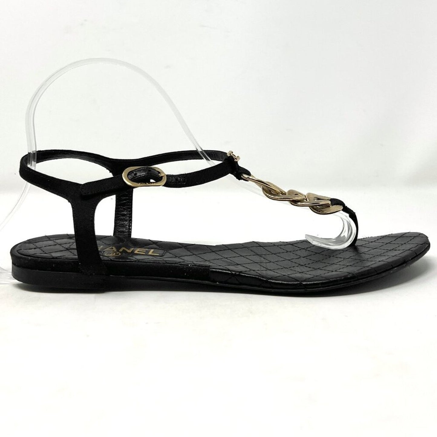 Chanel 09P Quilted Leather Gold Chain Thong Sandals Black Flat EU 38