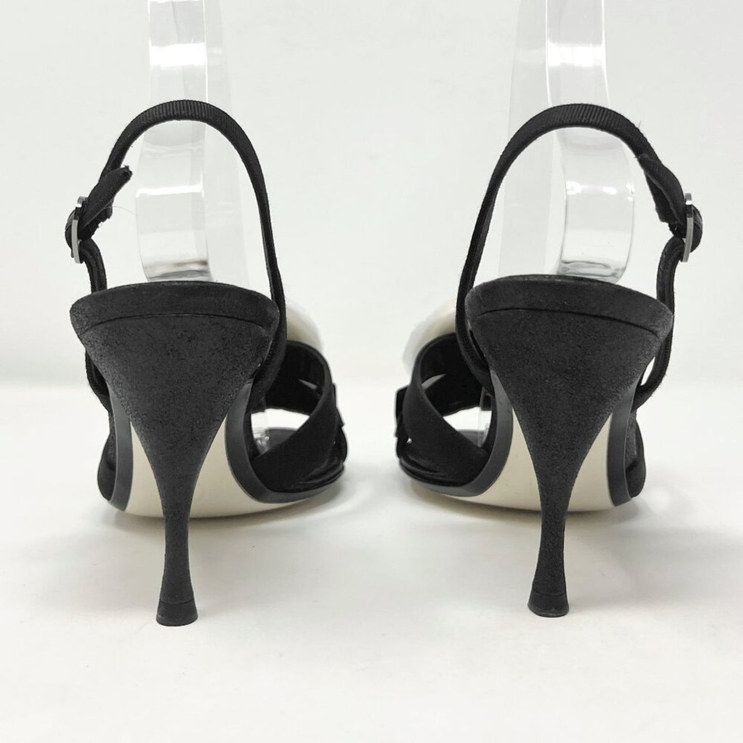 Chanel Camellia Bow Grosgrain Slingback Heels Black/White EU 38 85mm