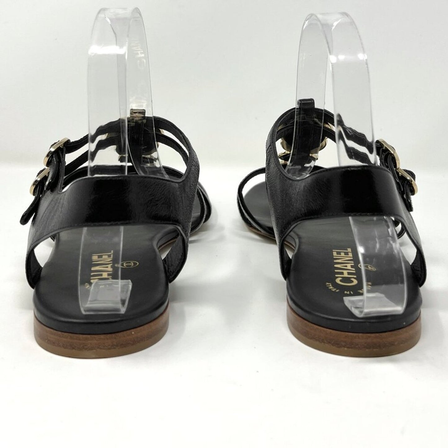 Chanel Black Leather Gladiator Strappy Enamel Flower Logo Flat Sandals