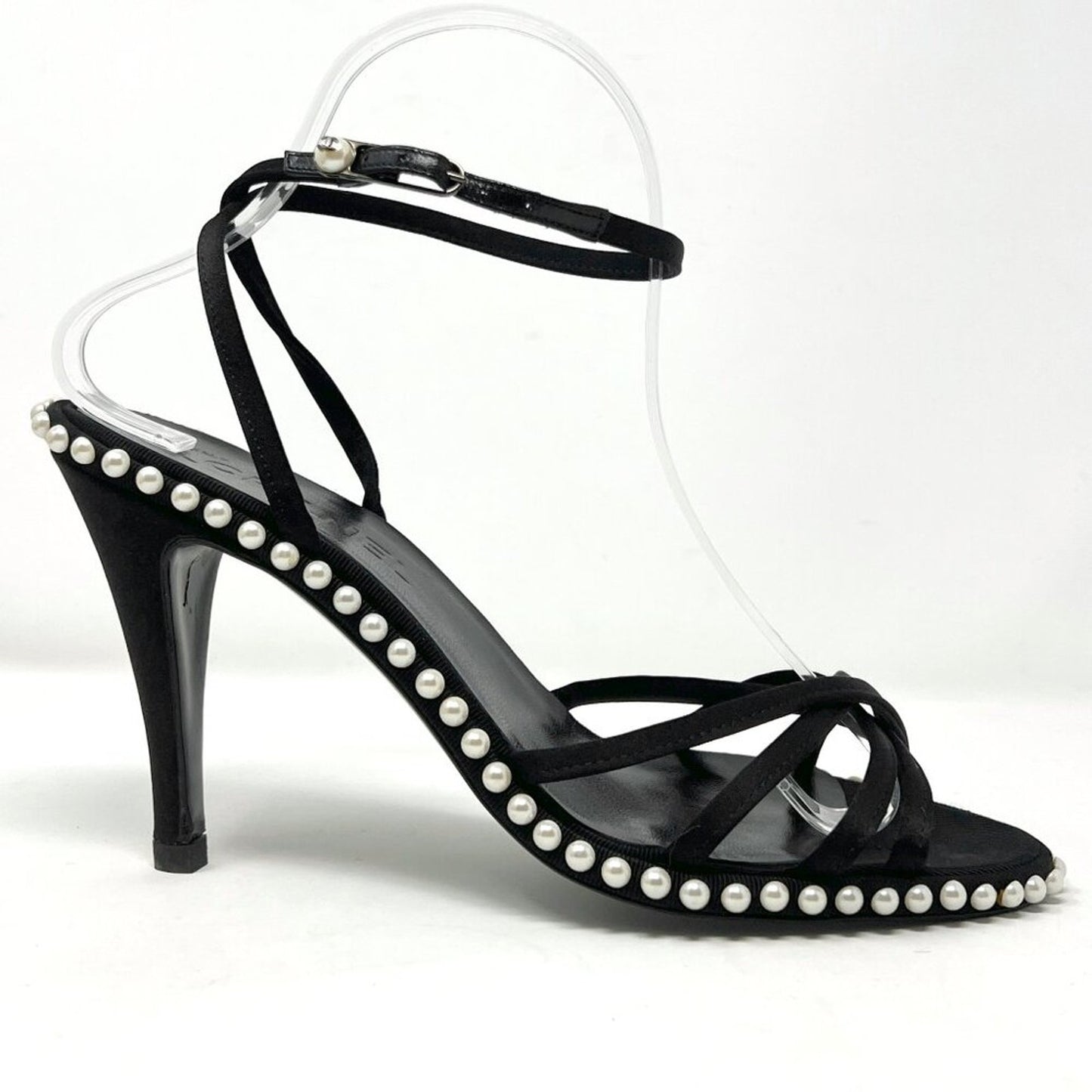 Chanel Vintage Black Satin Pearl-Lined Strappy Sandals – Size 38.5