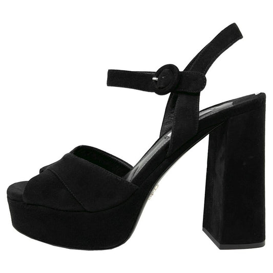 Prada Black Suede Platform Block Heel Peep Toe Sandals - Size 38.5