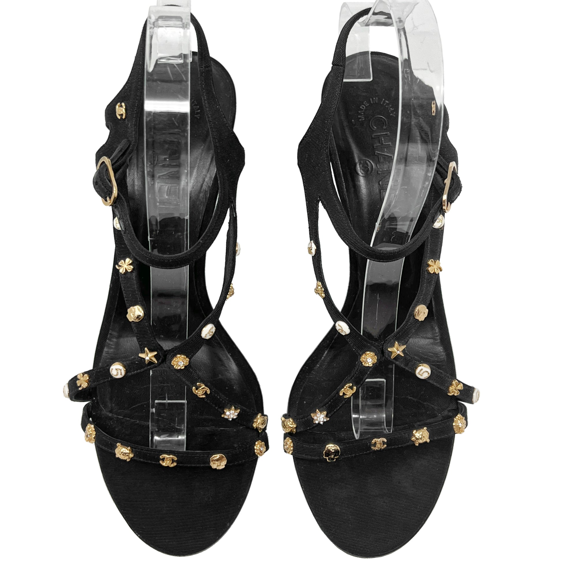 Chanel 2008 Spring Collection Black Grosgrain Gold Charm Logo Heels Sandals