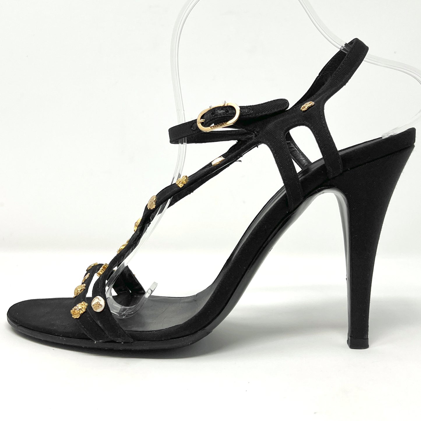 Chanel 2008 Spring Collection Black Grosgrain Gold Charm Logo Heels Sandals Size EU 41