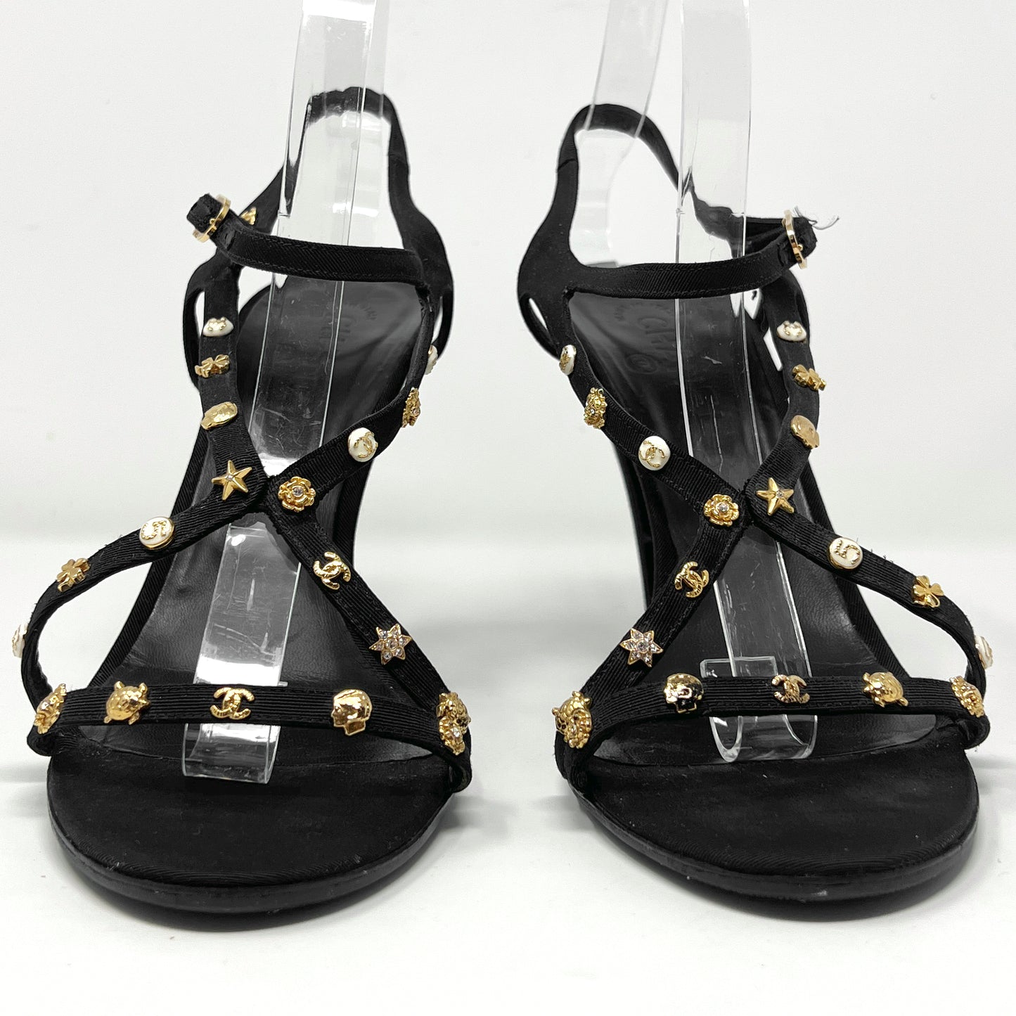 Chanel 2008 Spring Collection Black Grosgrain Gold Charm Logo Heels Sandals Size EU 41