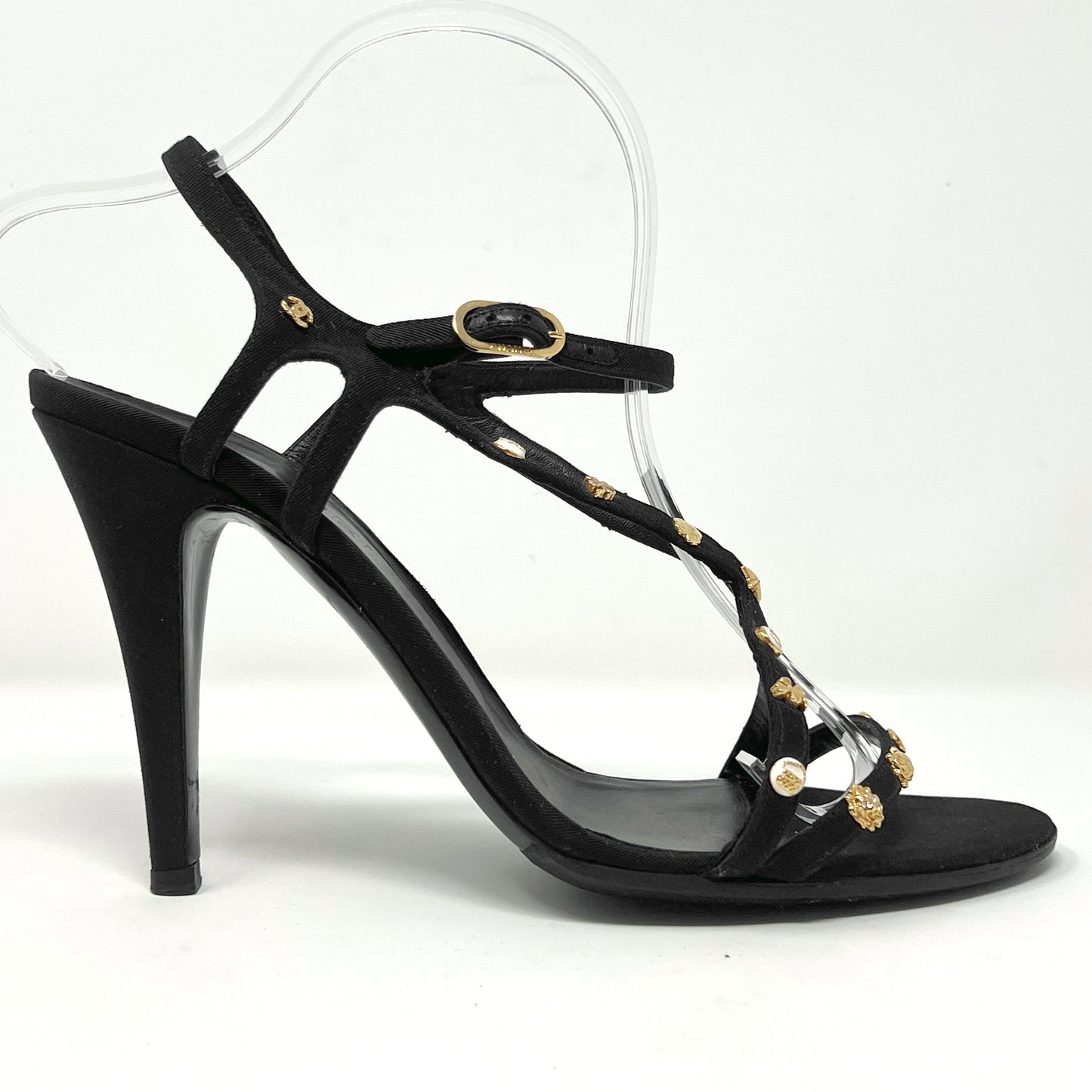 Chanel 2008 Spring Collection Black Grosgrain Gold Charm Logo Heels Sandals Size EU 41