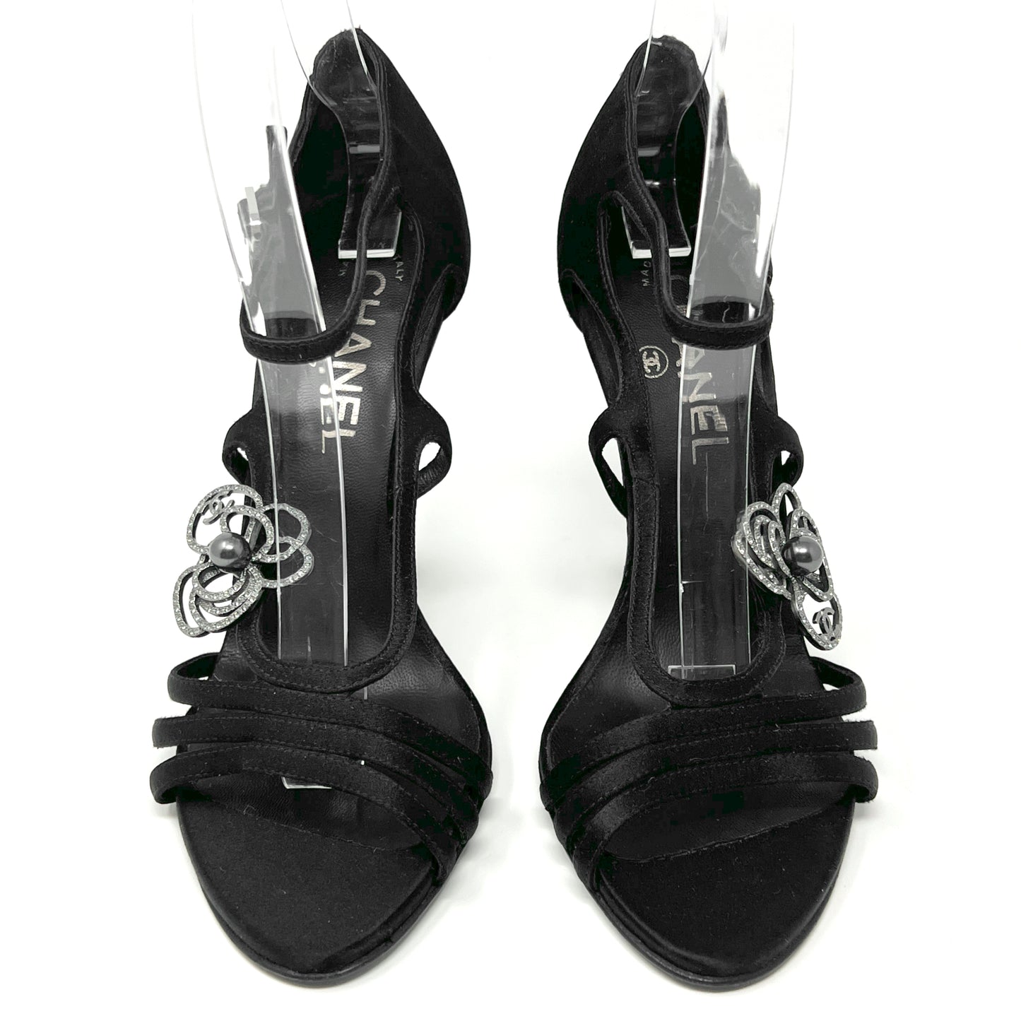 Chanel Black Satin Strappy Crystal Pearl Camellia Logo Sandals Size EU 36.5