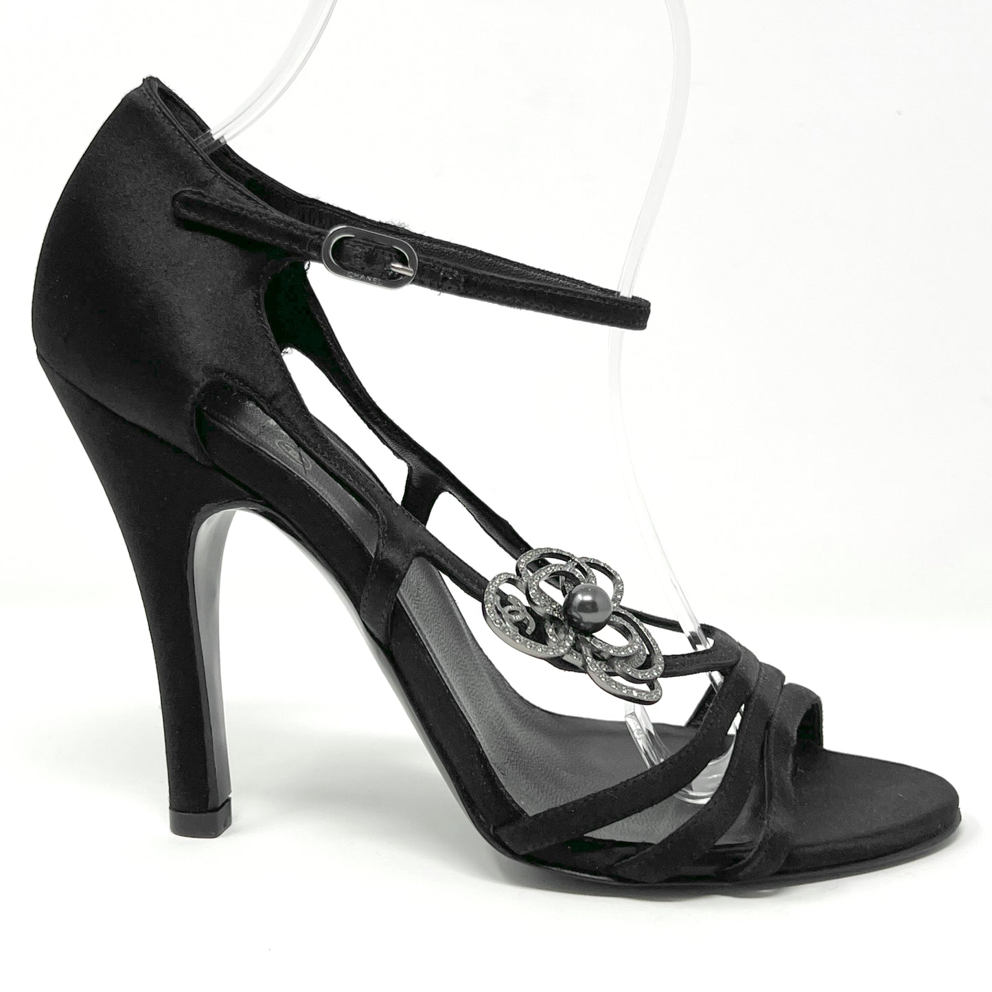 Chanel Black Satin Strappy Crystal Pearl Camellia Logo Sandals Size EU 36.5