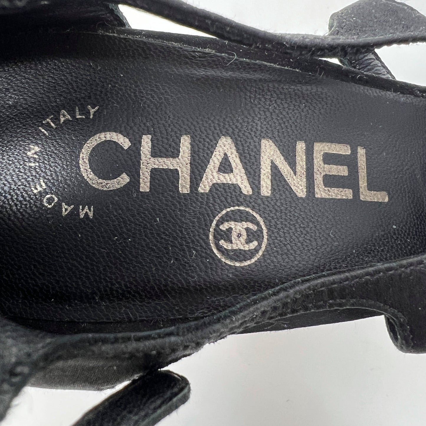 Chanel Black Satin Strappy Crystal Pearl Camellia Logo Sandals Size EU 36.5