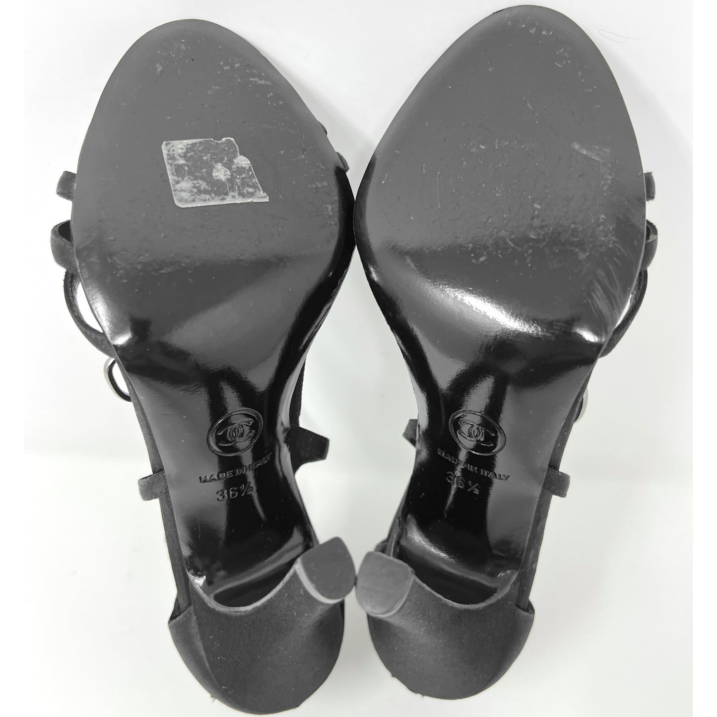 Chanel Black Satin Strappy Crystal Pearl Camellia Logo Sandals Size EU 36.5