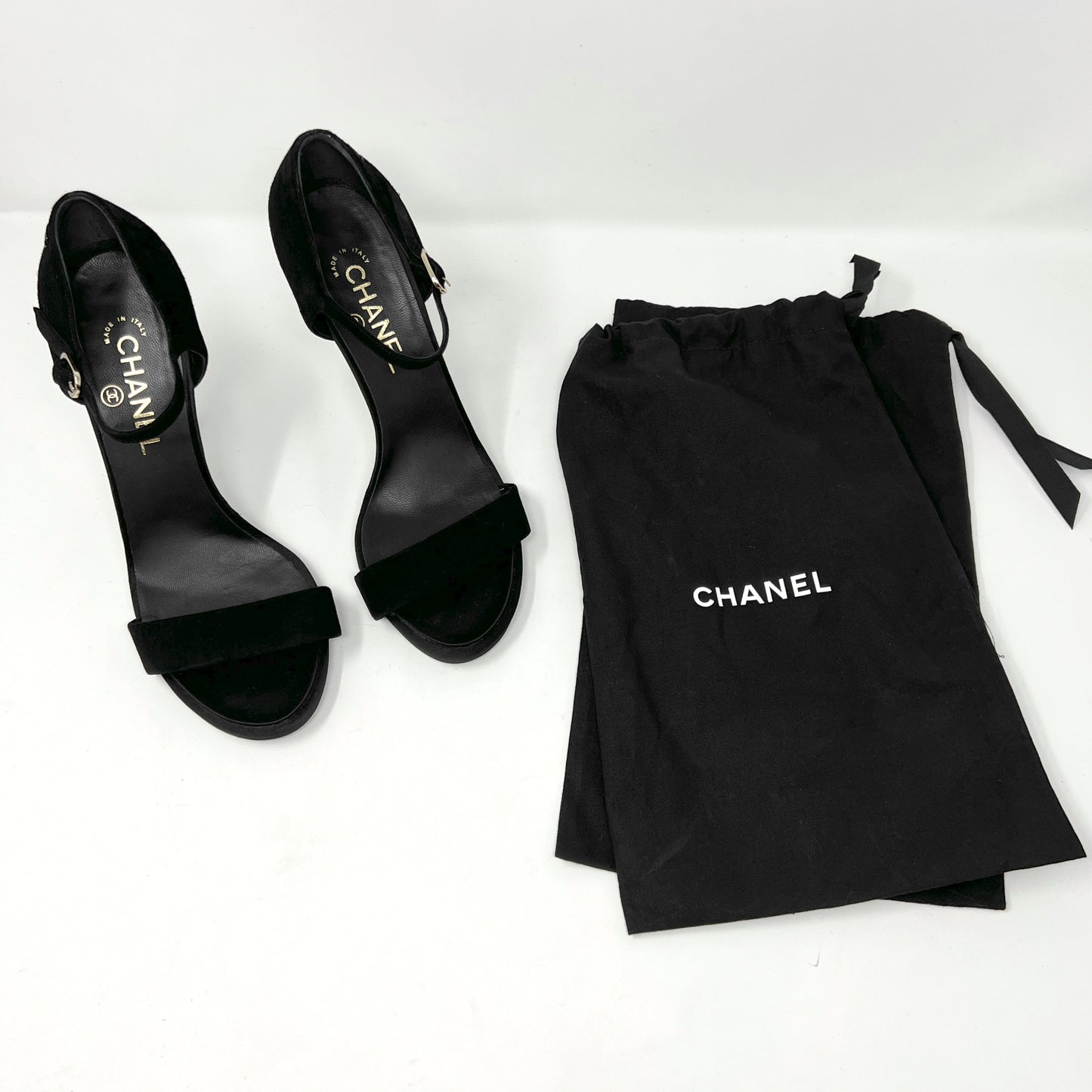 Chanel 2016 Black Suede Satin Gold Metal Logo Heels Sandals Size EU 39