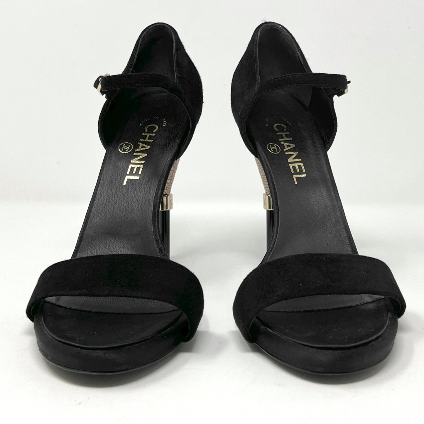 Chanel 2016 Black Suede Satin Gold Metal Logo Heels Sandals Size EU 39