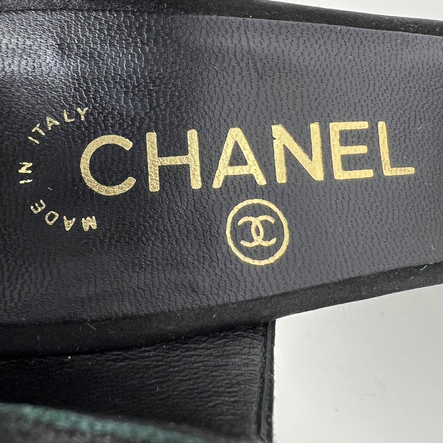 Chanel 2016 Black Suede Satin Gold Metal Logo Heels Sandals Size EU 39