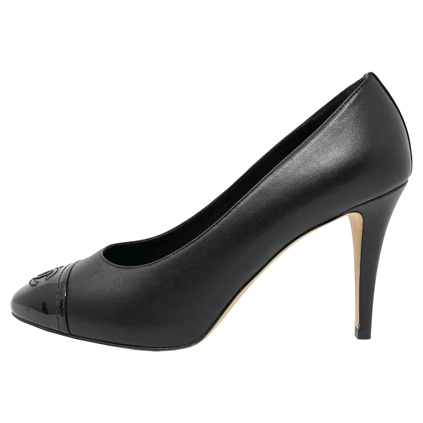 Chanel Black Patent Leather Cap Toe Almond Toe Stiletto High Heel Pump