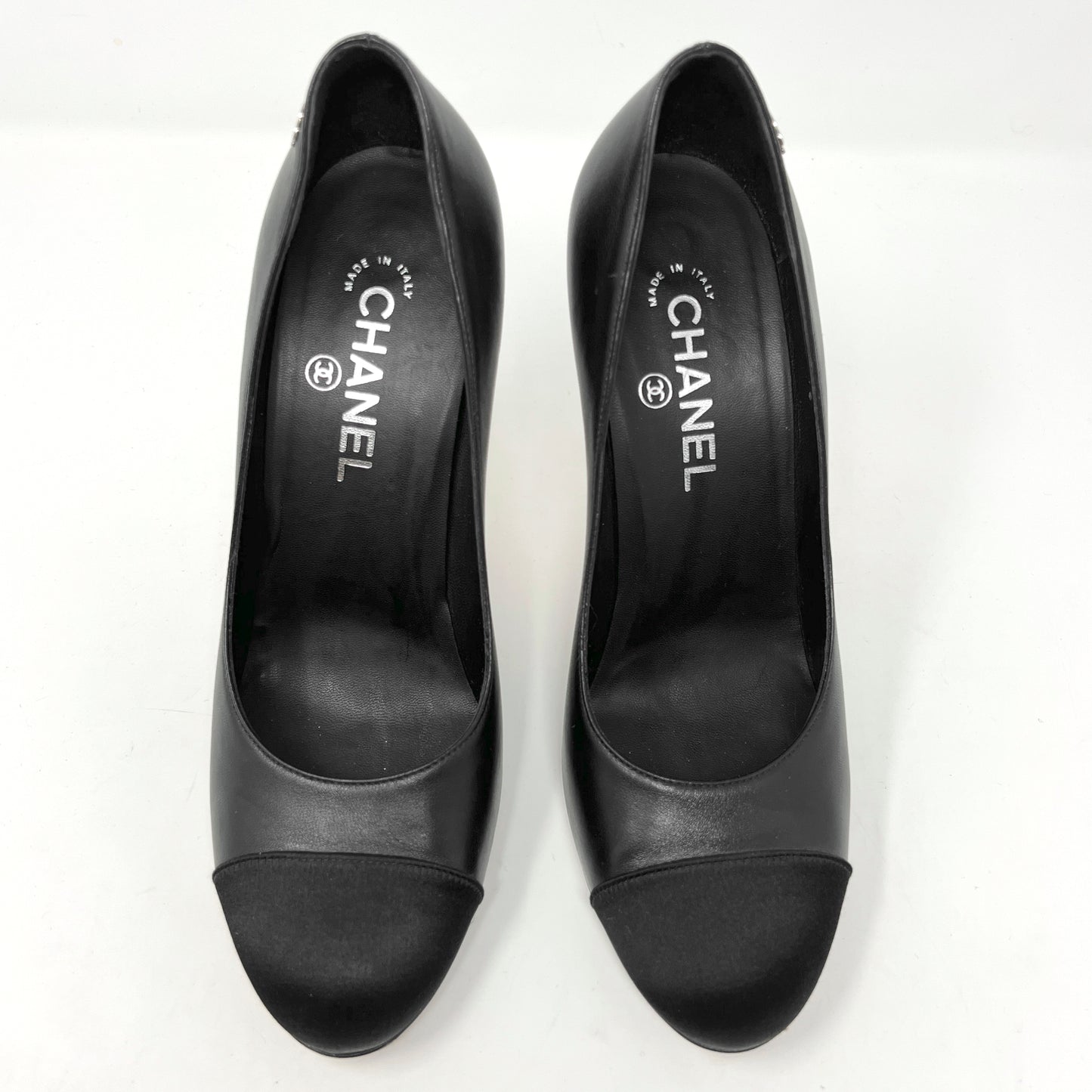 Chanel 2016 Black Leather Satin Cap Toe Metal Ruler Heels Pumps Size EU 38.5