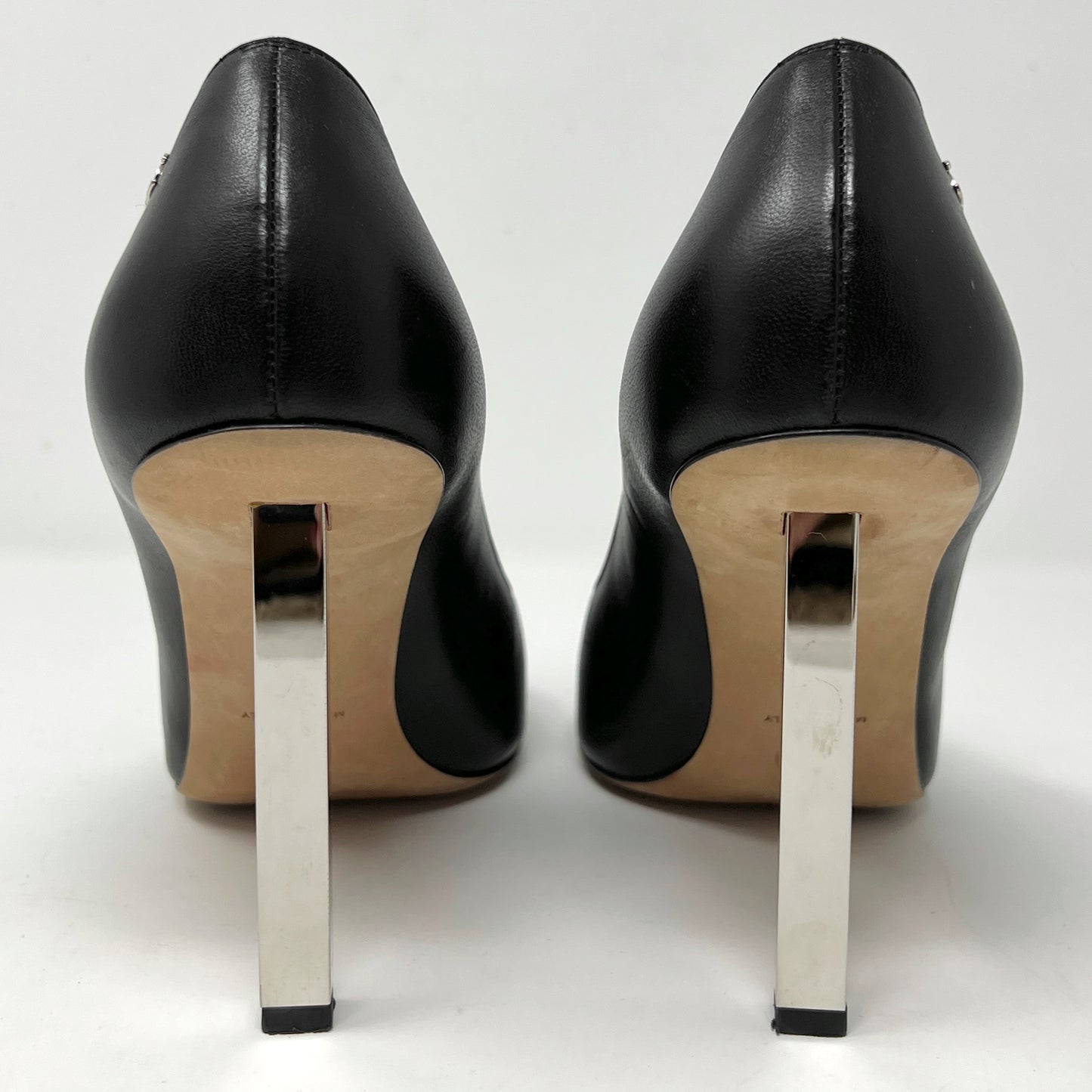 Chanel 2016 Black Leather Satin Cap Toe Metal Ruler Heels Pumps Size EU 38.5