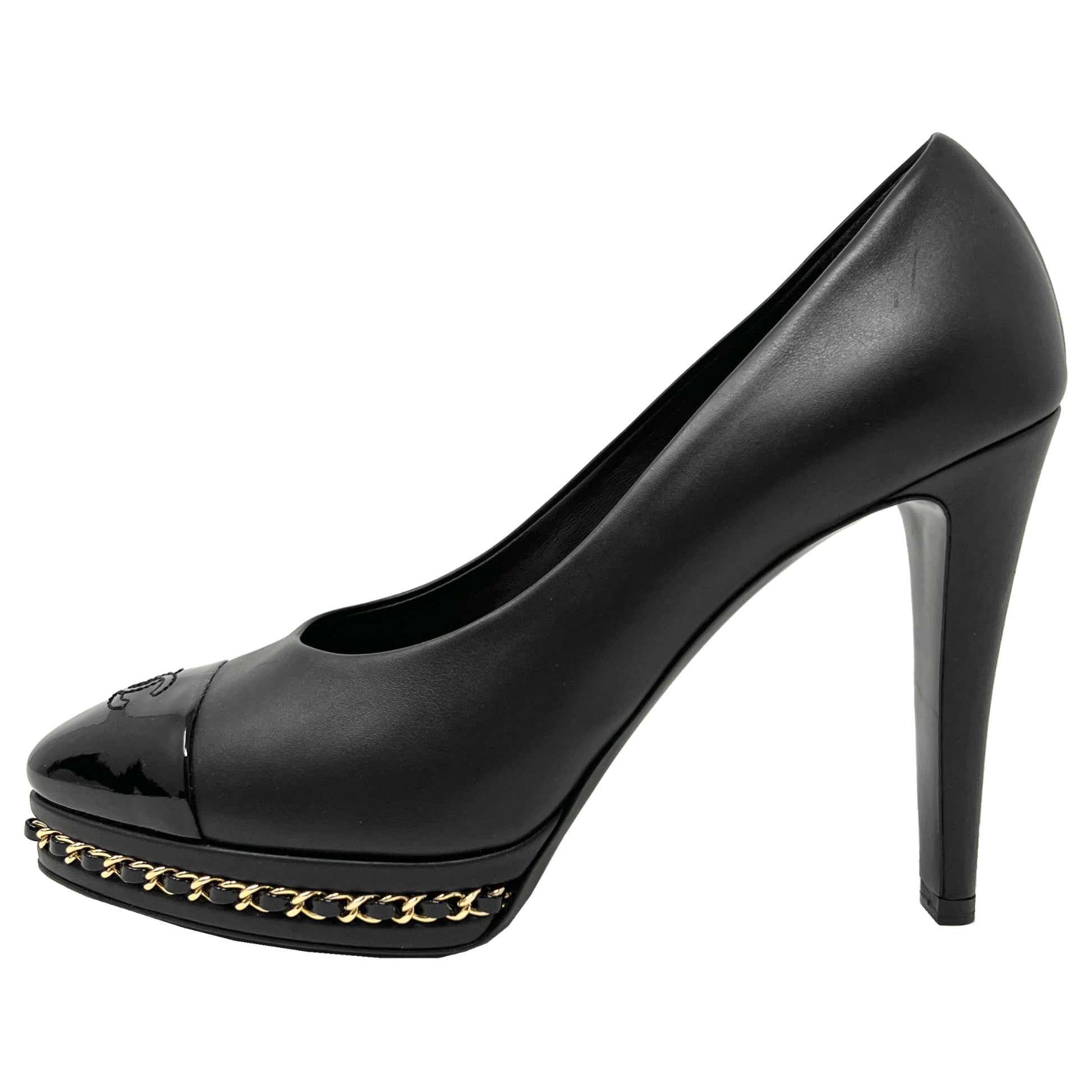 Chanel Black Leather Patent Logo Cap Toe Gold Chain Platform High Heels Pumps