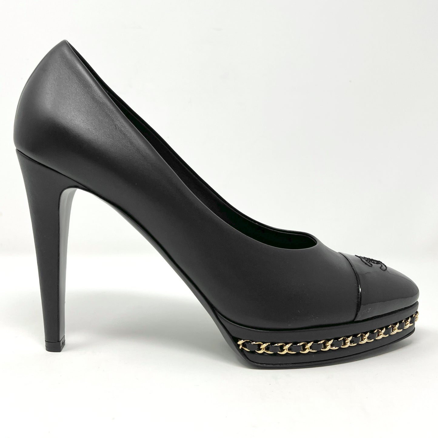 Chanel Black Leather Logo Cap Toe Chain Platform Pumps Size EU 39.5