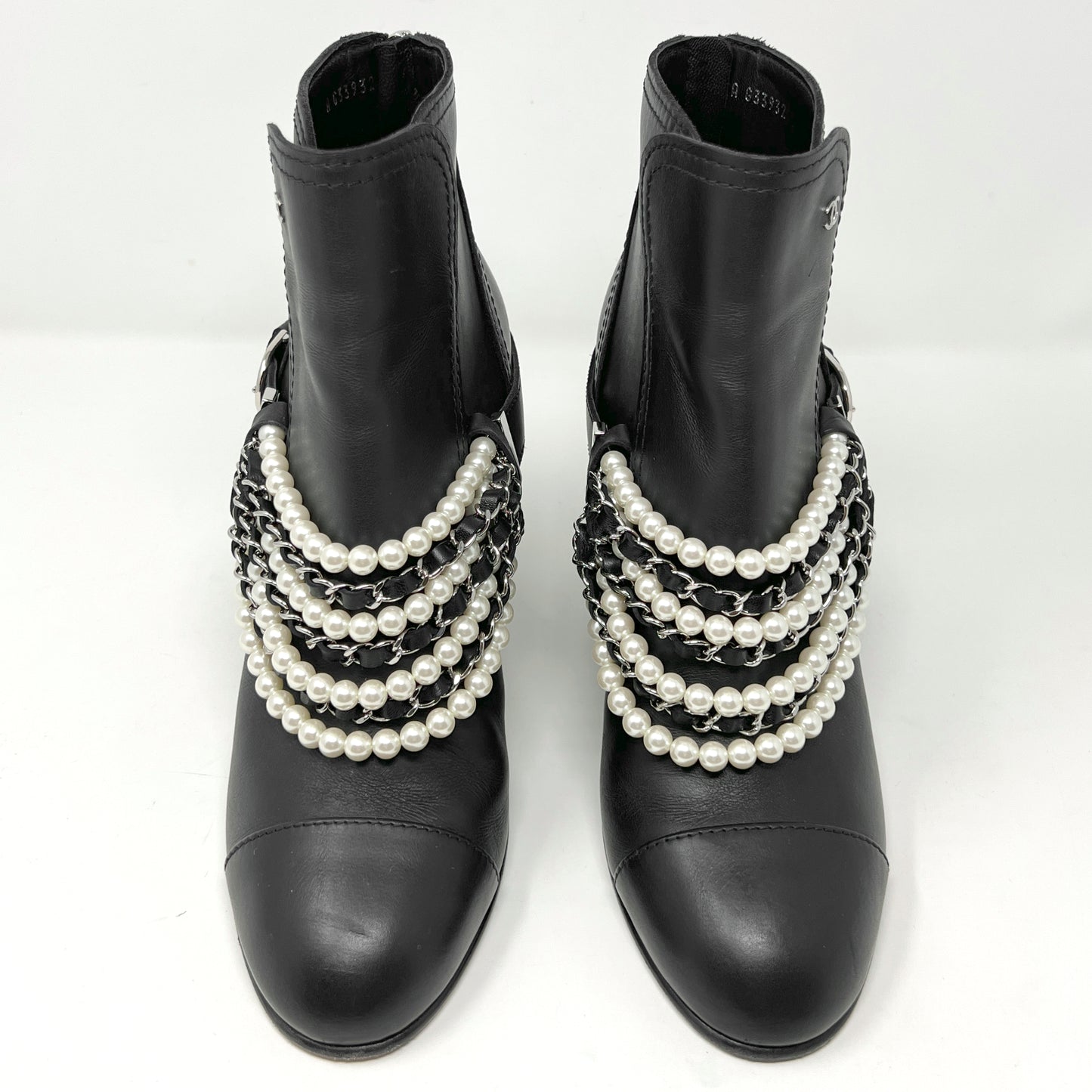 Chanel 2018 Black Leather Cap Toe Pearl Chain Ankle Boots Size EU 40