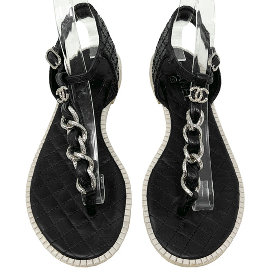 Chanel Black Quilted Leather Beige Sole Logo Chain Detail Flat Thong Sandals