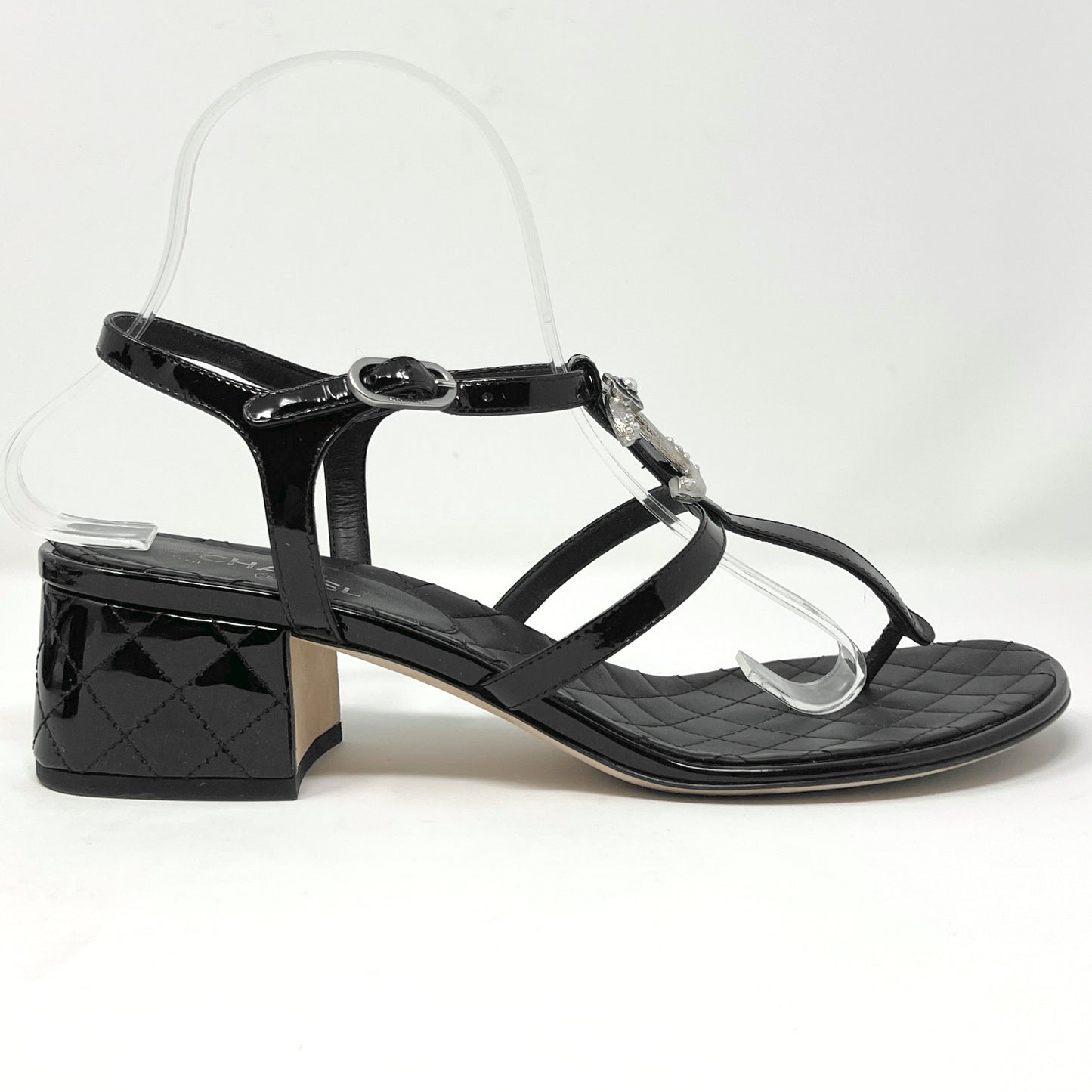 Chanel Black Quilted Patent Leather Silver Metal Logo Block Low Heel Sandals Size EU 39.5