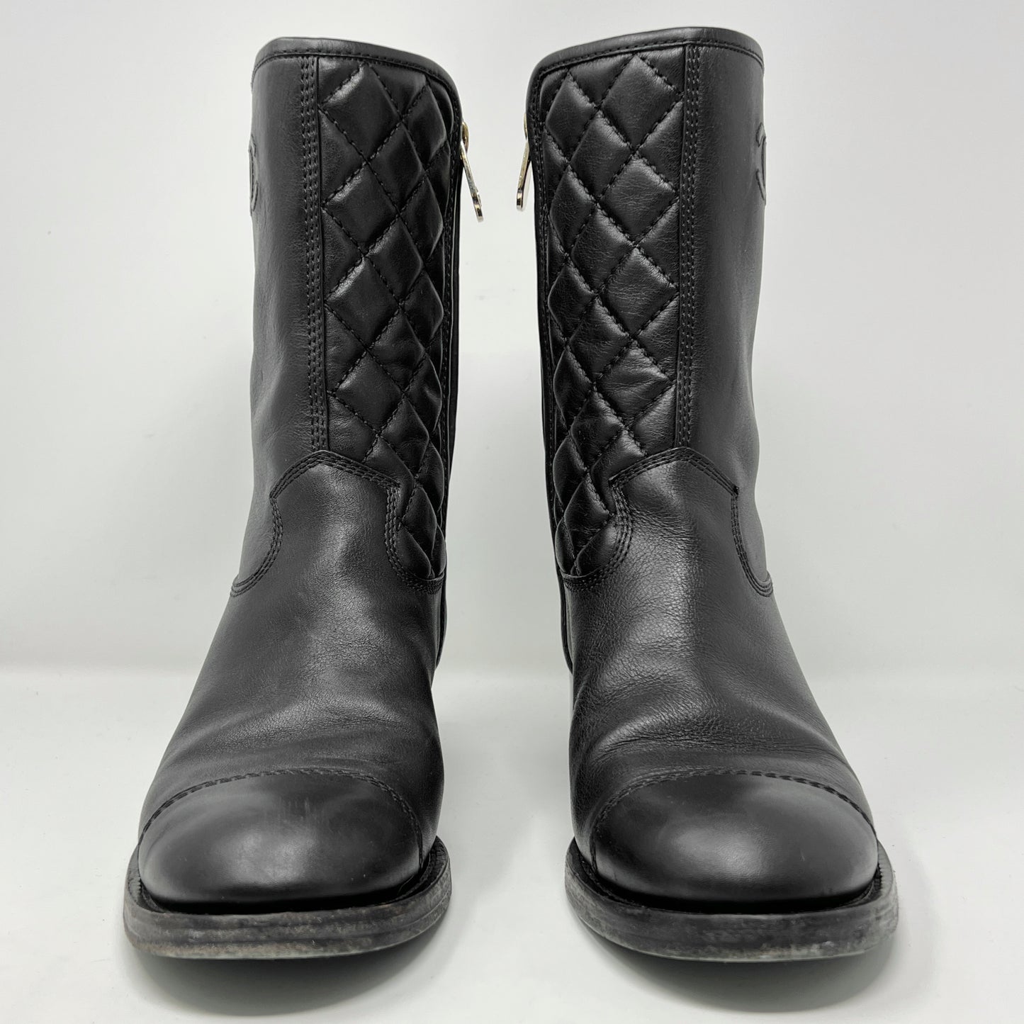 Chanel Black Quilted Matellase Leather Cap Toe Block Heel Mid Calf Boots Size EU 39