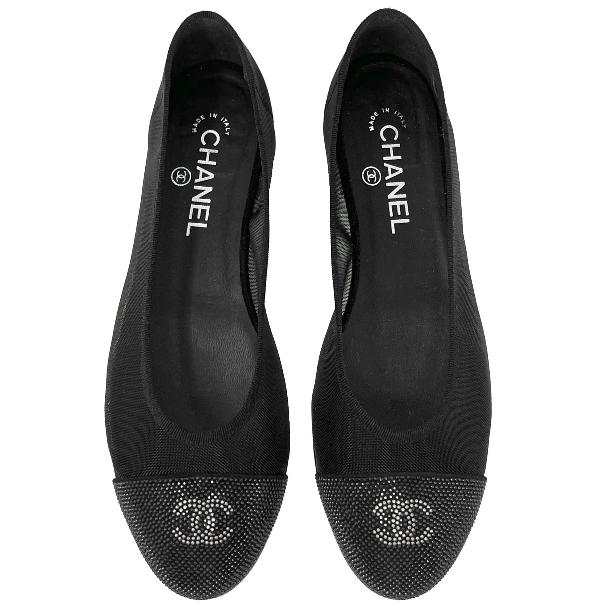 Chanel Black Mesh Crystal Embellished Interlocking Logo Cap Toe Ballet Flats