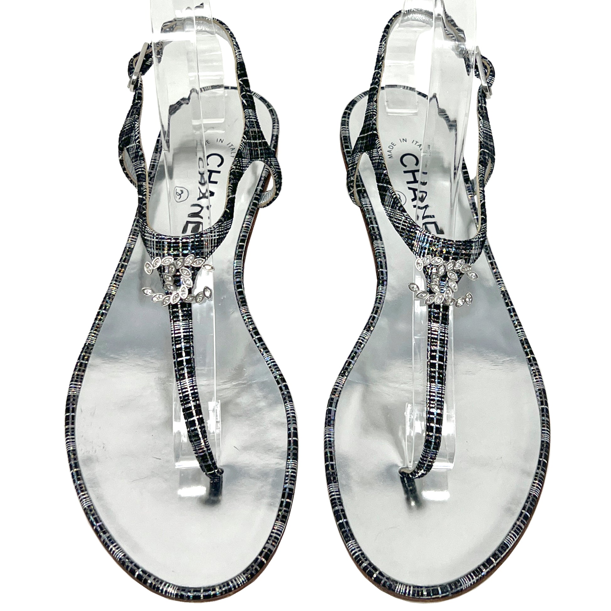 Chanel Metallic Thread Plaid Pattern Thong Flat Crystal Embellished Metal Logo Sandals