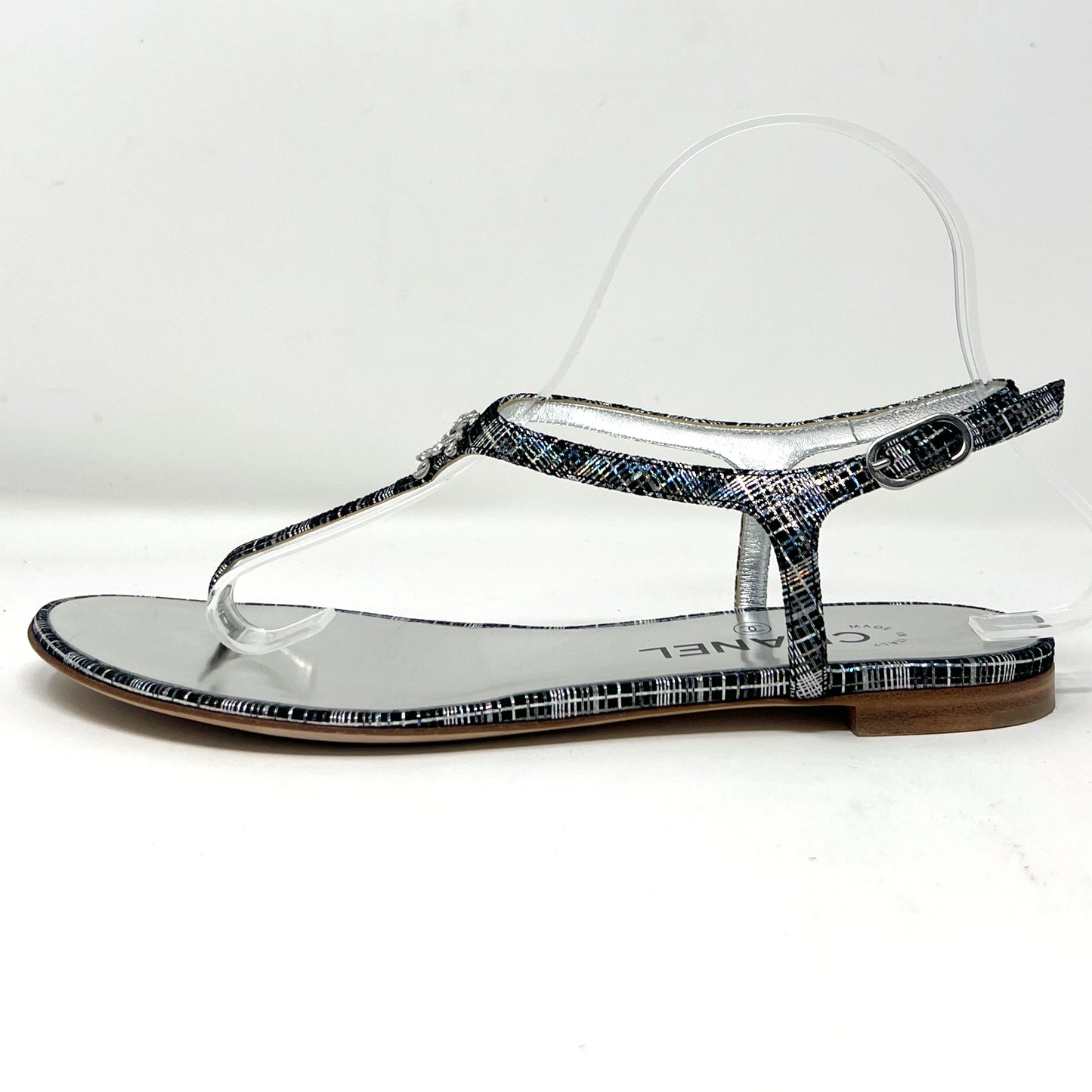 Chanel Metallic Thread Plaid Pattern Thong Flat Crystal Metal Logo Sandals Size EU 38