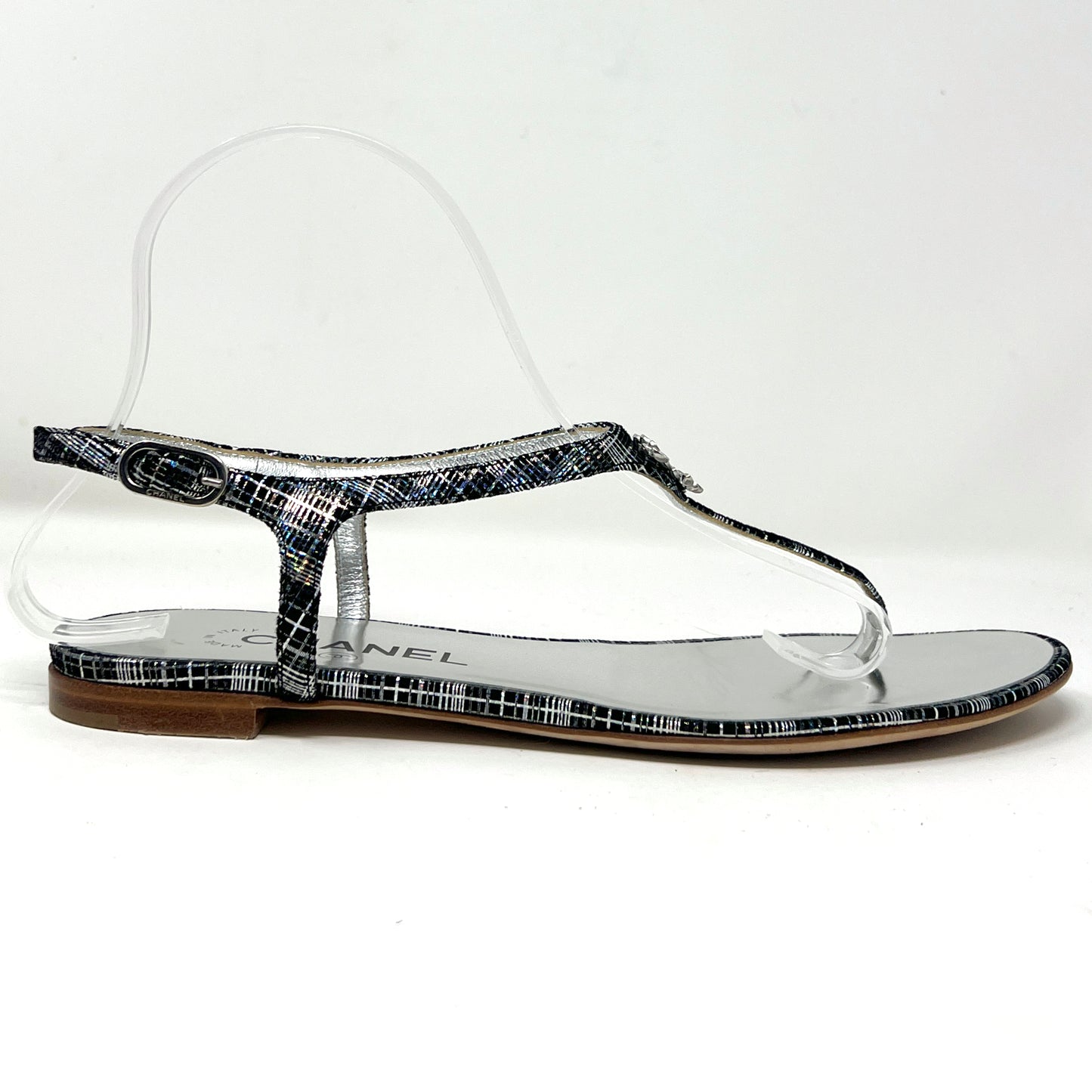 Chanel Metallic Thread Plaid Pattern Thong Flat Crystal Metal Logo Sandals Size EU 38