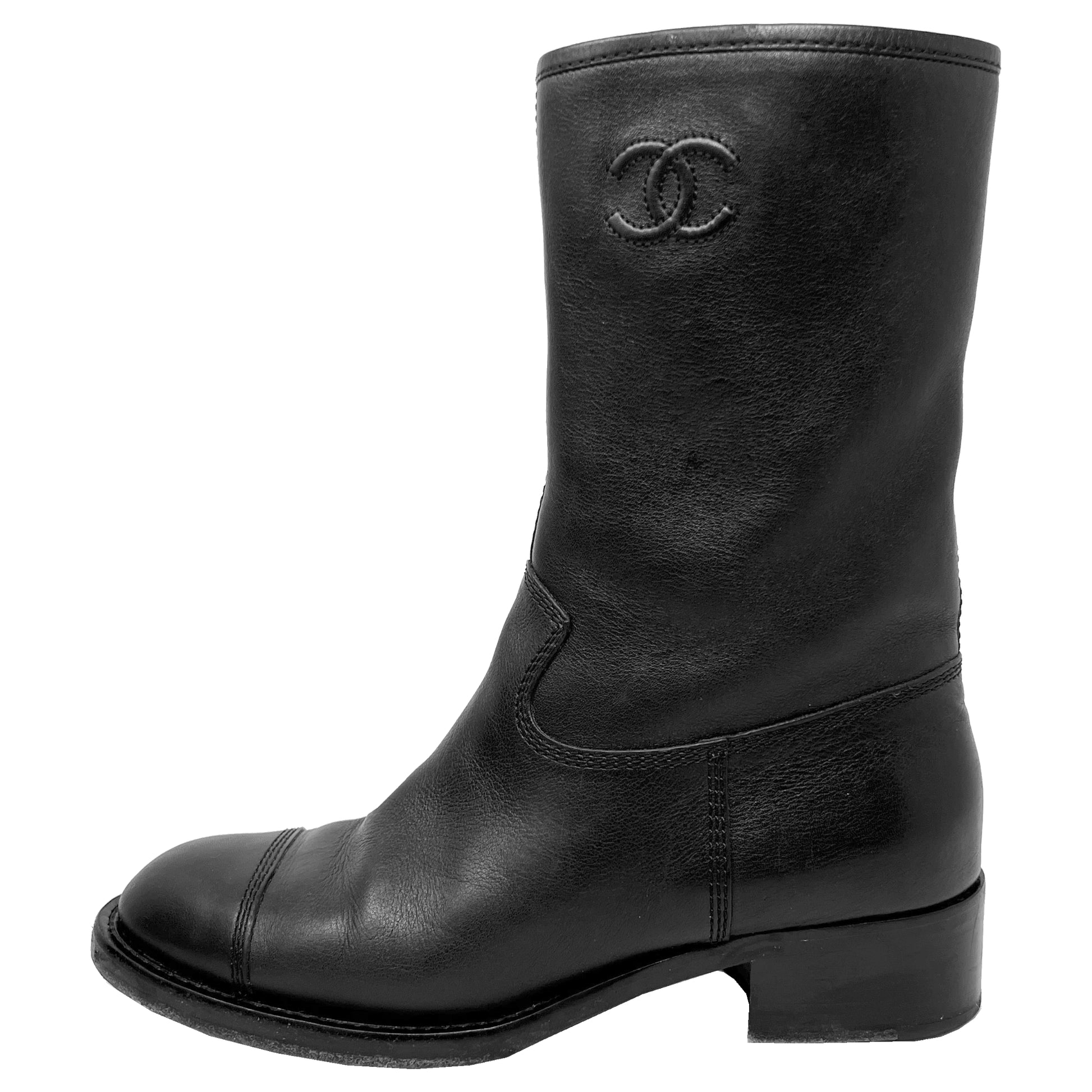 Chanel Black Quilted Matellase Leather Logo Cap Toe Gold Zipper Block Heel Mid Calf Boots