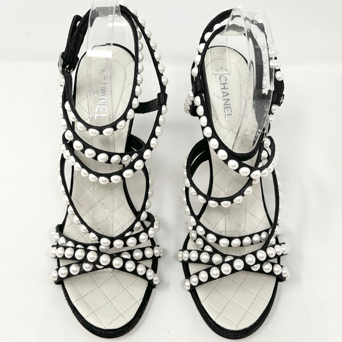 Chanel Black Quilted Leather Pearl Embellished Strappy High Heels Sandals Size EU 39