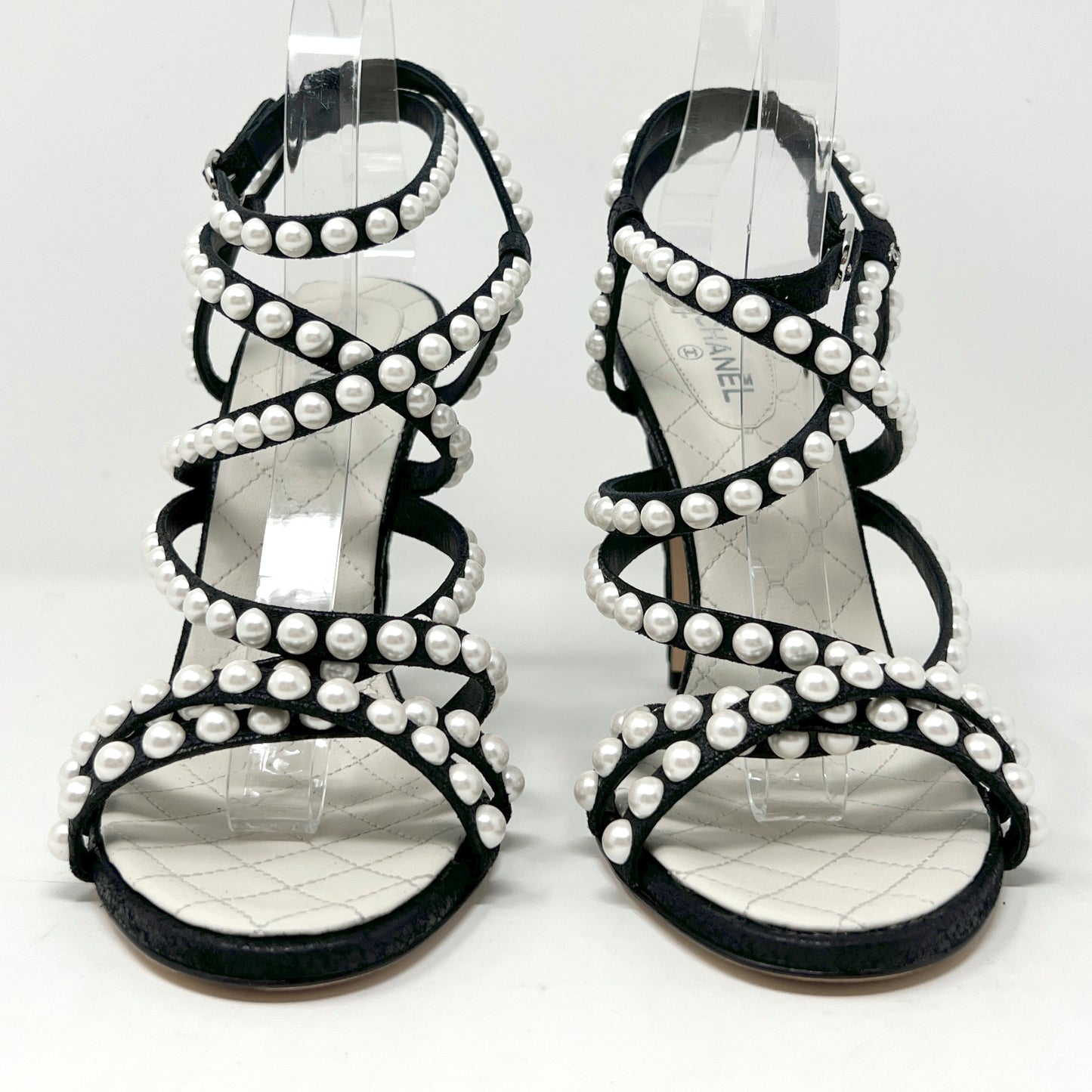 Chanel Black Quilted Leather Pearl Embellished Strappy High Heels Sandals Size EU 39