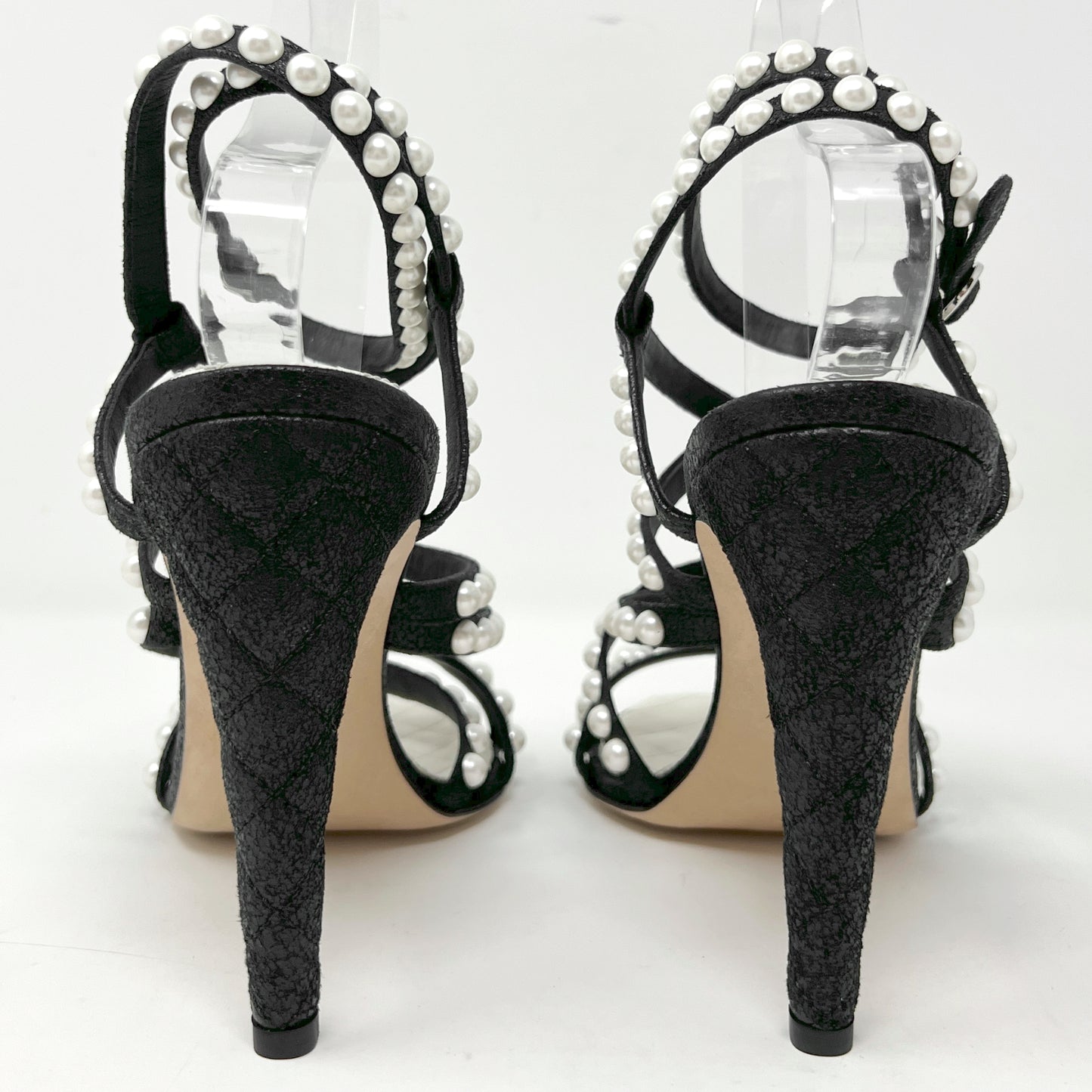 Chanel Black Quilted Leather Pearl Embellished Strappy High Heels Sandals Size EU 39