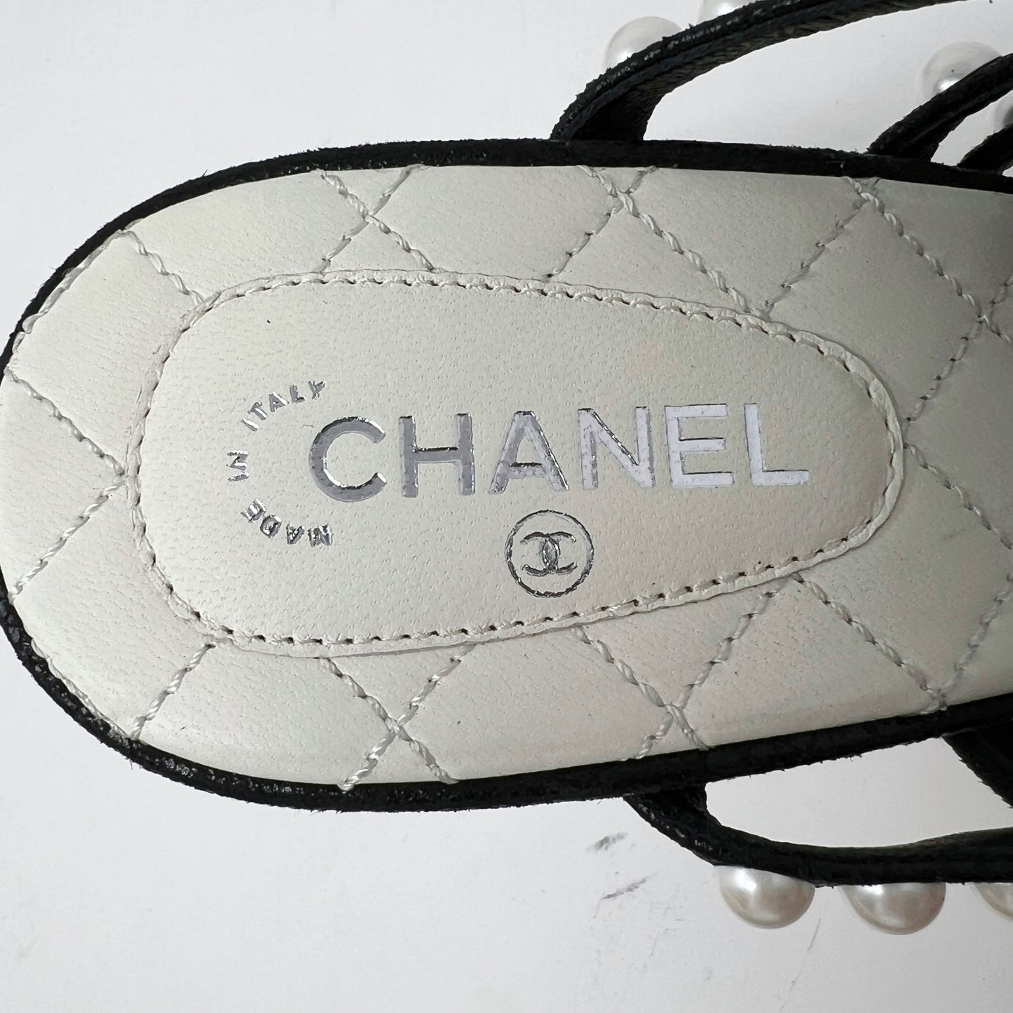 Chanel Black Quilted Leather Pearl Embellished Strappy High Heels Sandals Size EU 39