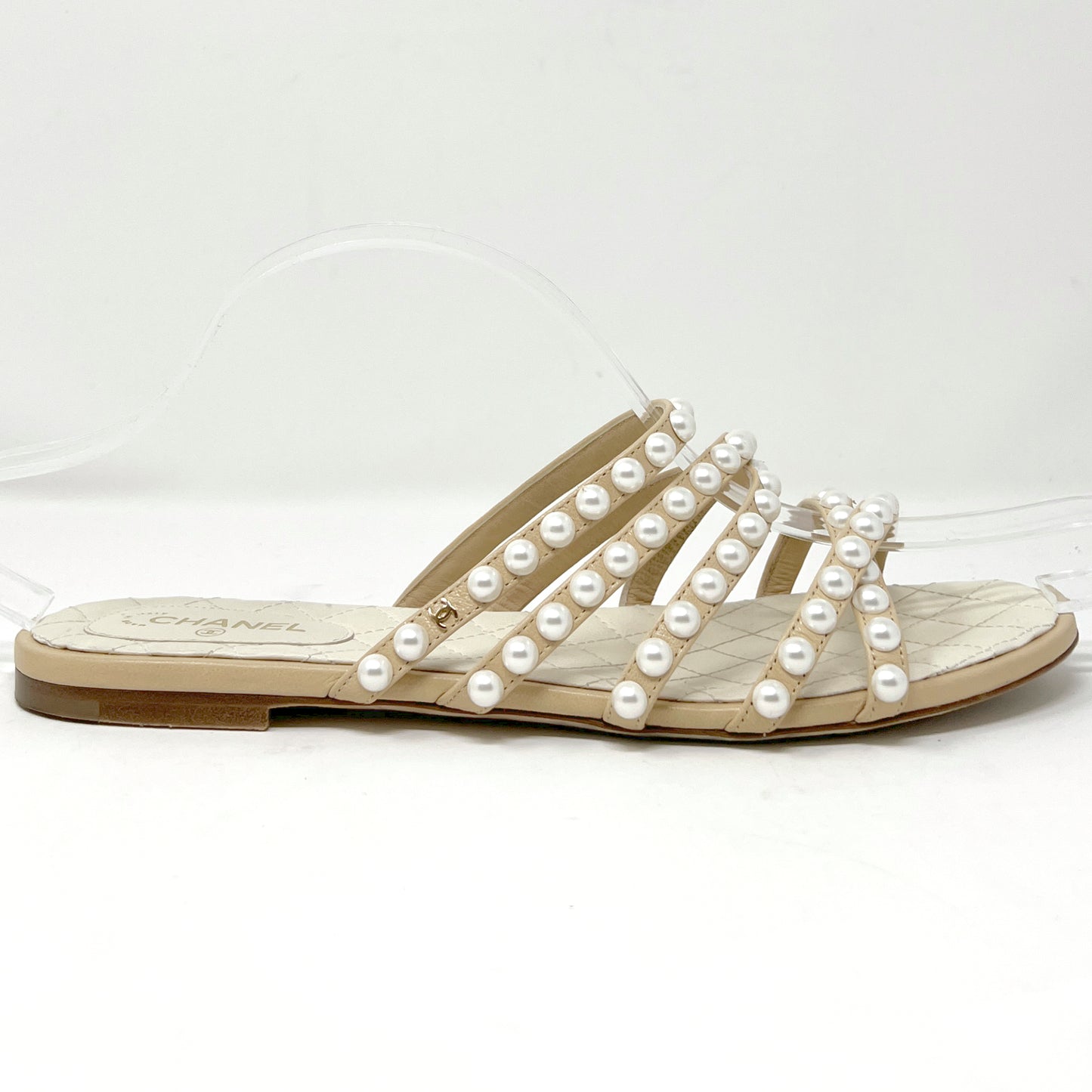 Chanel Tan Leather Multistrap Pearl Embellished Logo Slip On Flats Sandals Mules