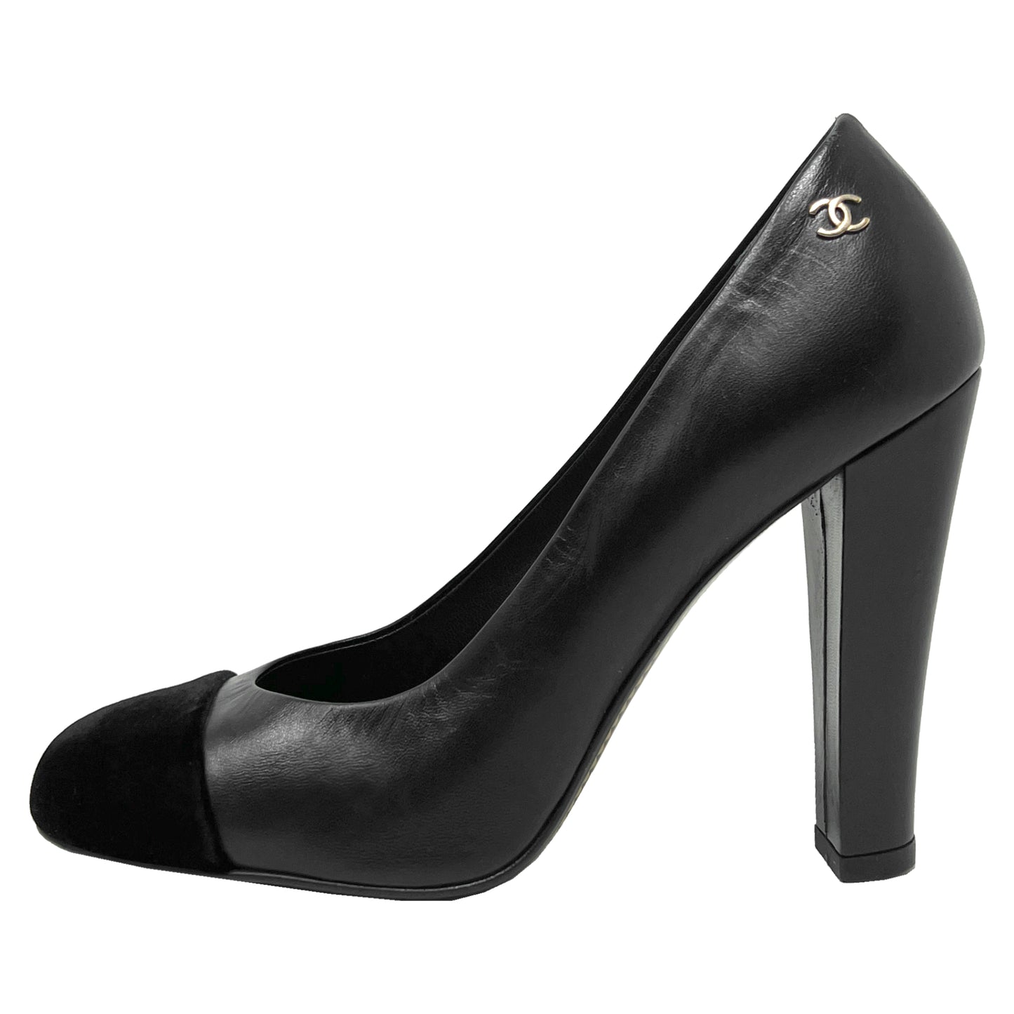 Chanel Black Velvet Cap Toe Interlocking Logo CC Calf Leather Block Heels Pumps