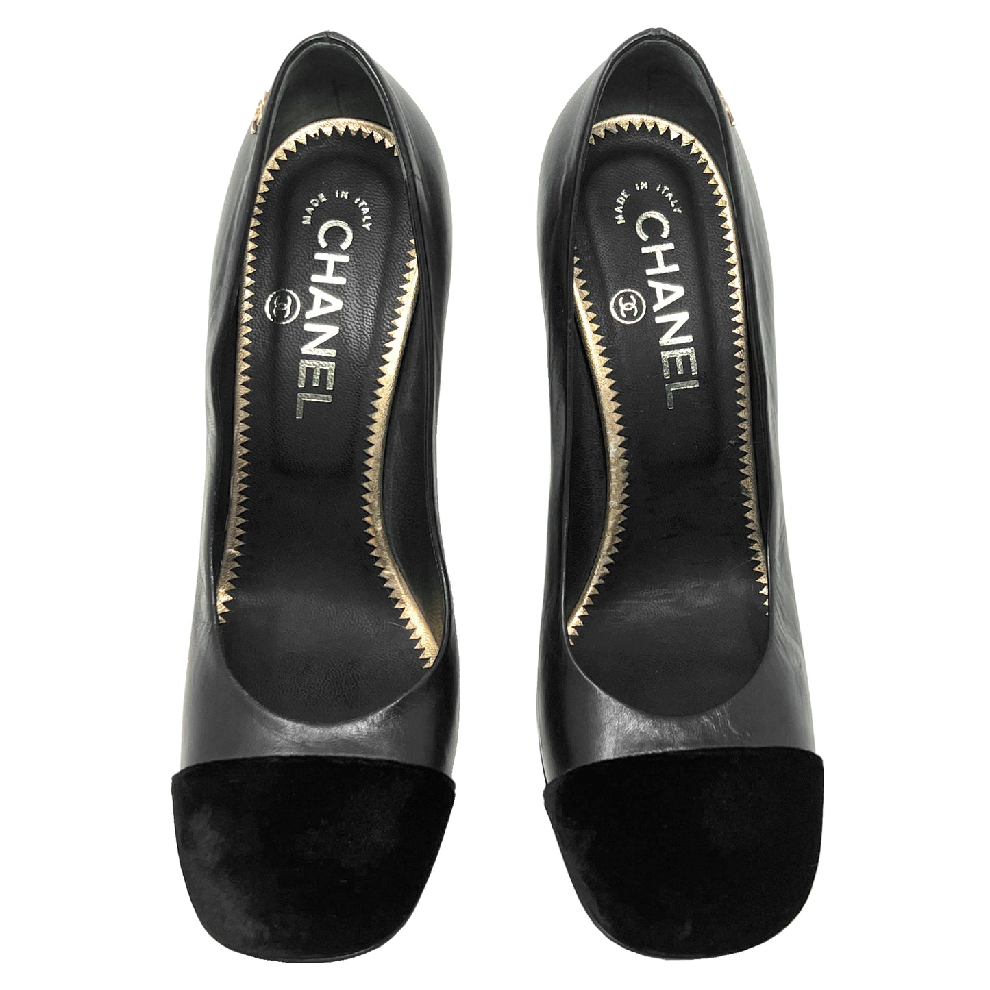 Chanel Black Velvet Cap Toe Interlocking Logo CC Calf Leather Block Heels Pumps