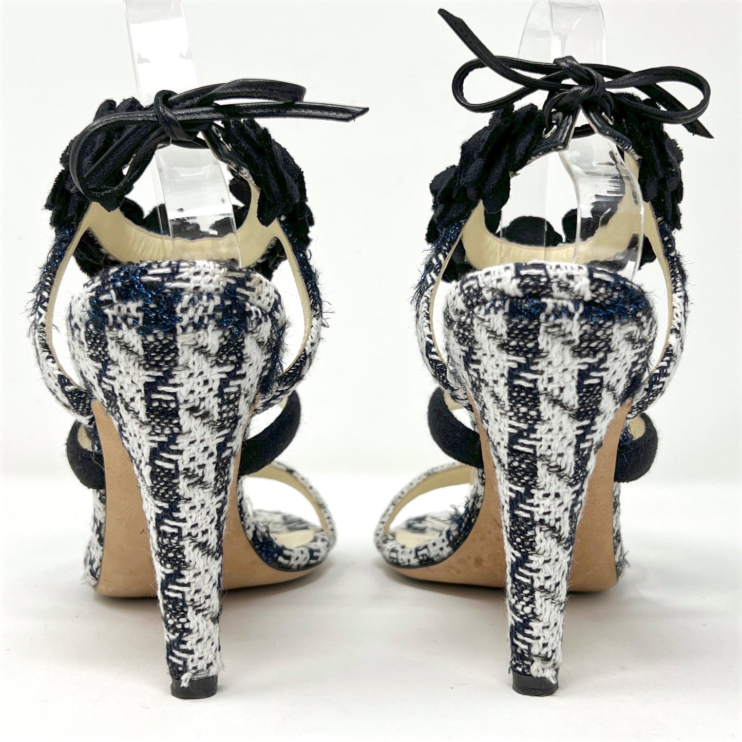 Chanel Tweed Multicolor Logo Camellia Ankle Strap Sandals Size EU 37.5