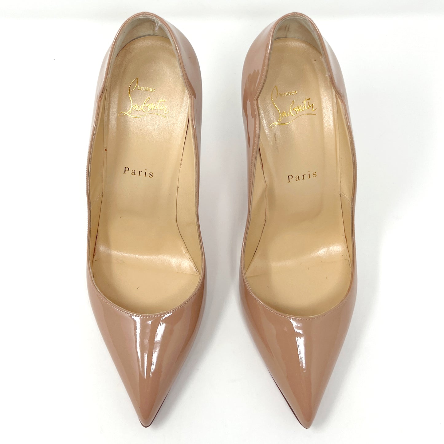 Christian Louboutin Hot Chick 100 Pointed Toe Patent Leather Nude Tan Heels Pumps