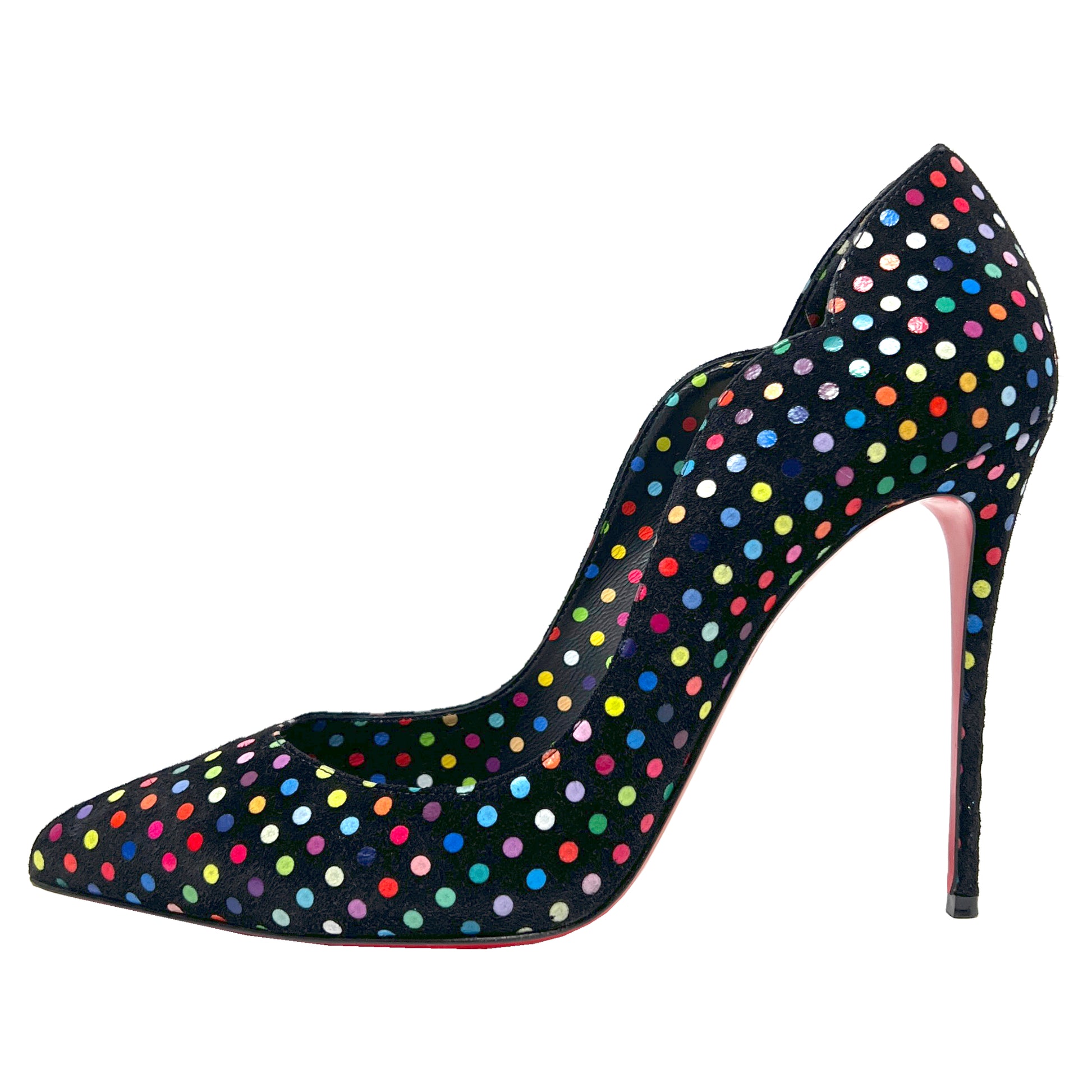 Christian Louboutin Hot Chick 100 Black Suede Multicolor Polkadot Heels Pumps (side view)