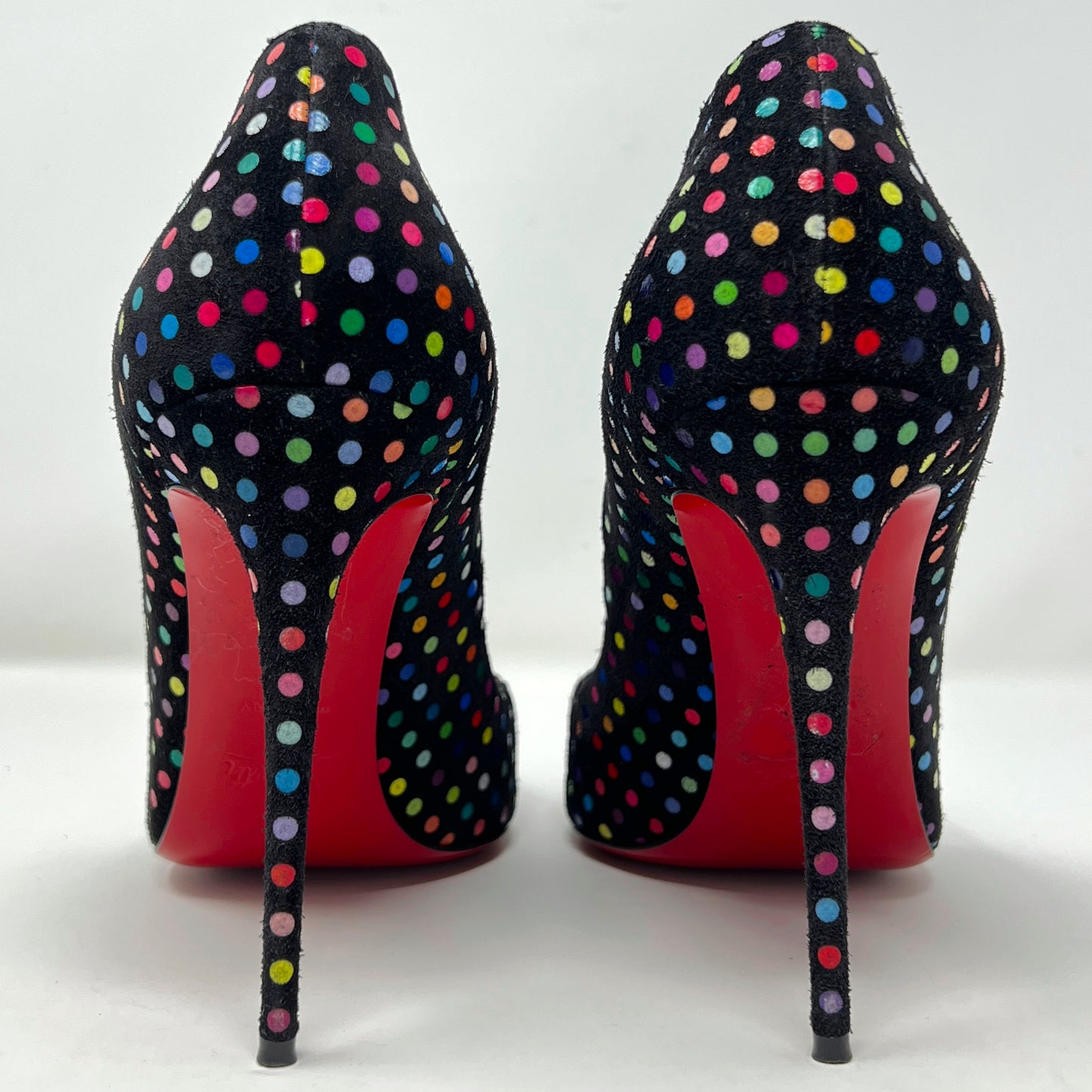 Christian Louboutin Hot Chick 100 Black Suede Multicolor Polkadot Heels Pumps Size EU 41